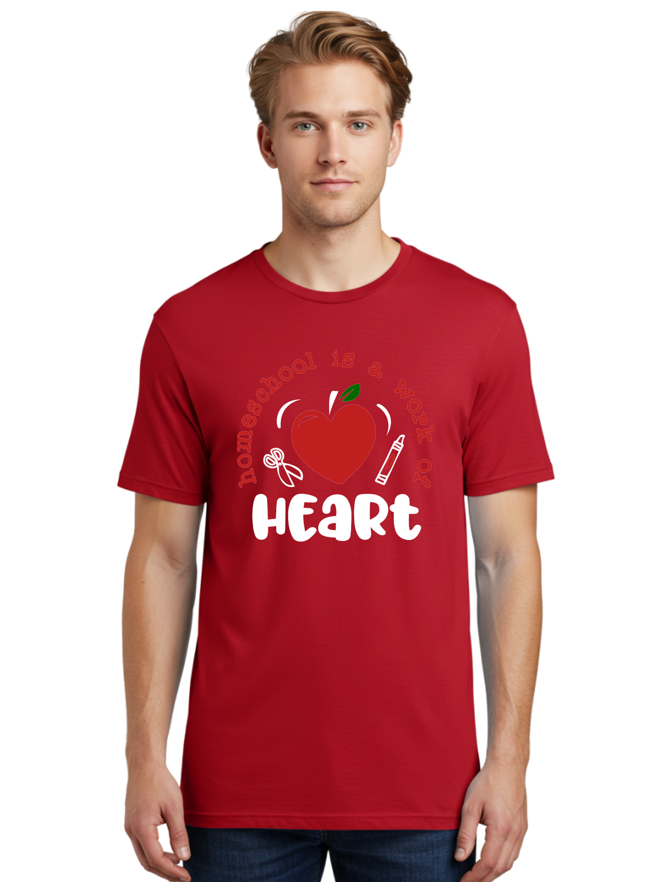 Homeschool-Is-A-Work-Of-Heart-1 Men'S Graphic Tee, 100% Cotton, Comfortable Casual Summer Wear, Machine Washable, Homeschooling, Heart-Shaped Apple, Educational Graphics, School Supplies, Red Crayon, Inspirational Quote, Home Education, Aab346