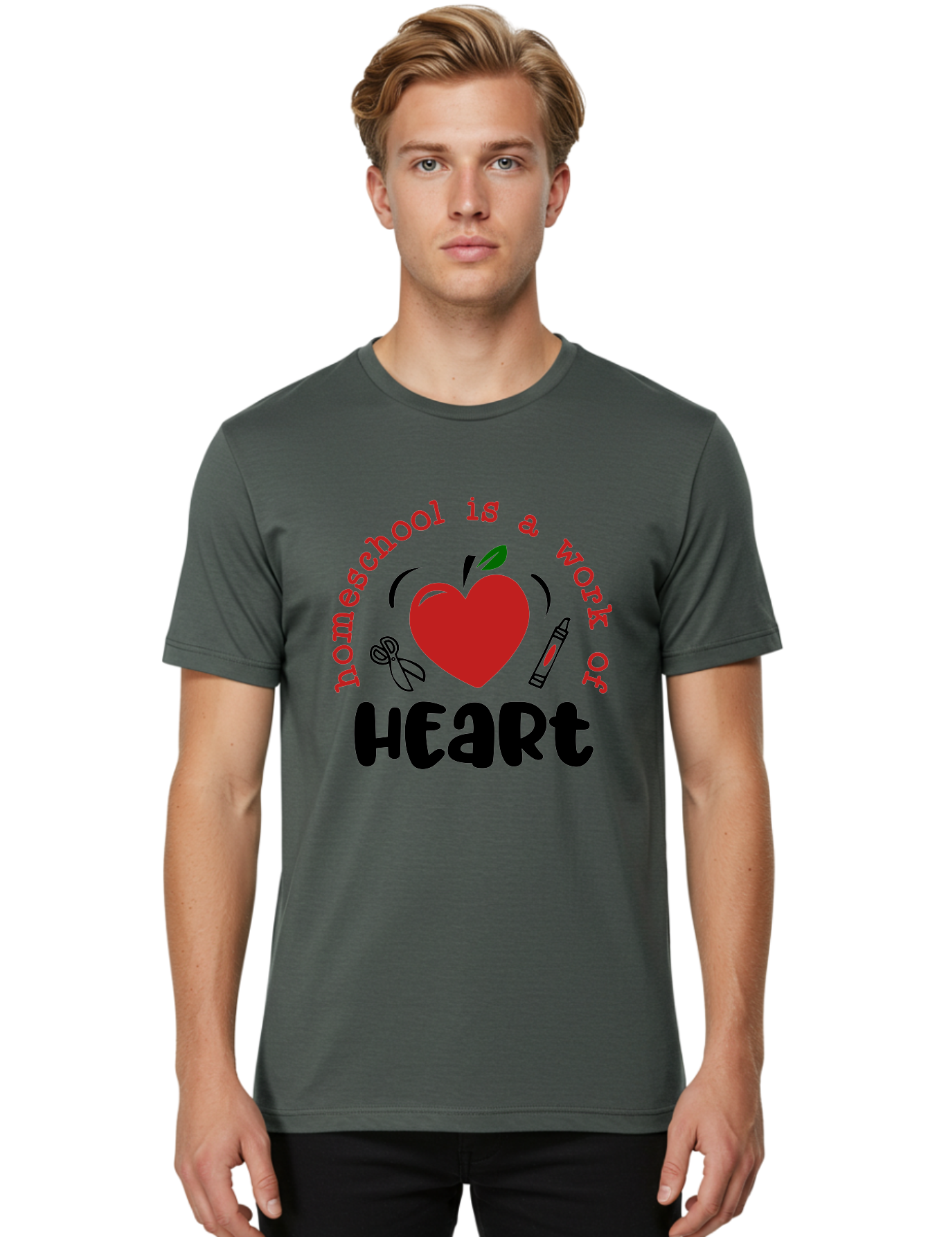 Homeschool-Is-A-Work-Of-Heart-2 Men'S Graphic Tee, 100% Cotton, Comfortable Casual Summer Wear, Machine Washable, Homeschooling, Heartwork, Education, Love, Apple, Crayon, Learning, Teaching, Homeschool Life, Art, Heart, Personalized Learning Aab347