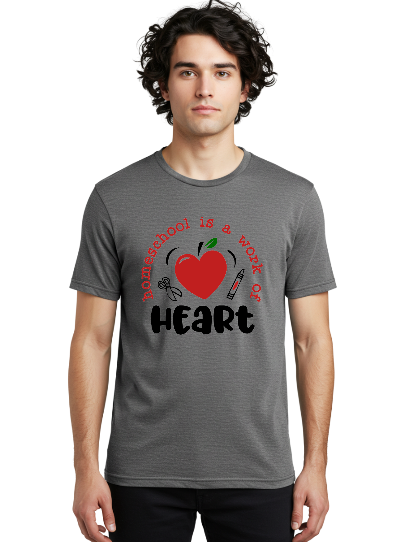 Homeschool-Is-A-Work-Of-Heart-2 Men'S Graphic Tee, 100% Cotton, Comfortable Casual Summer Wear, Machine Washable, Homeschooling, Heartwork, Education, Love, Apple, Crayon, Learning, Teaching, Homeschool Life, Art, Heart, Personalized Learning Aab347