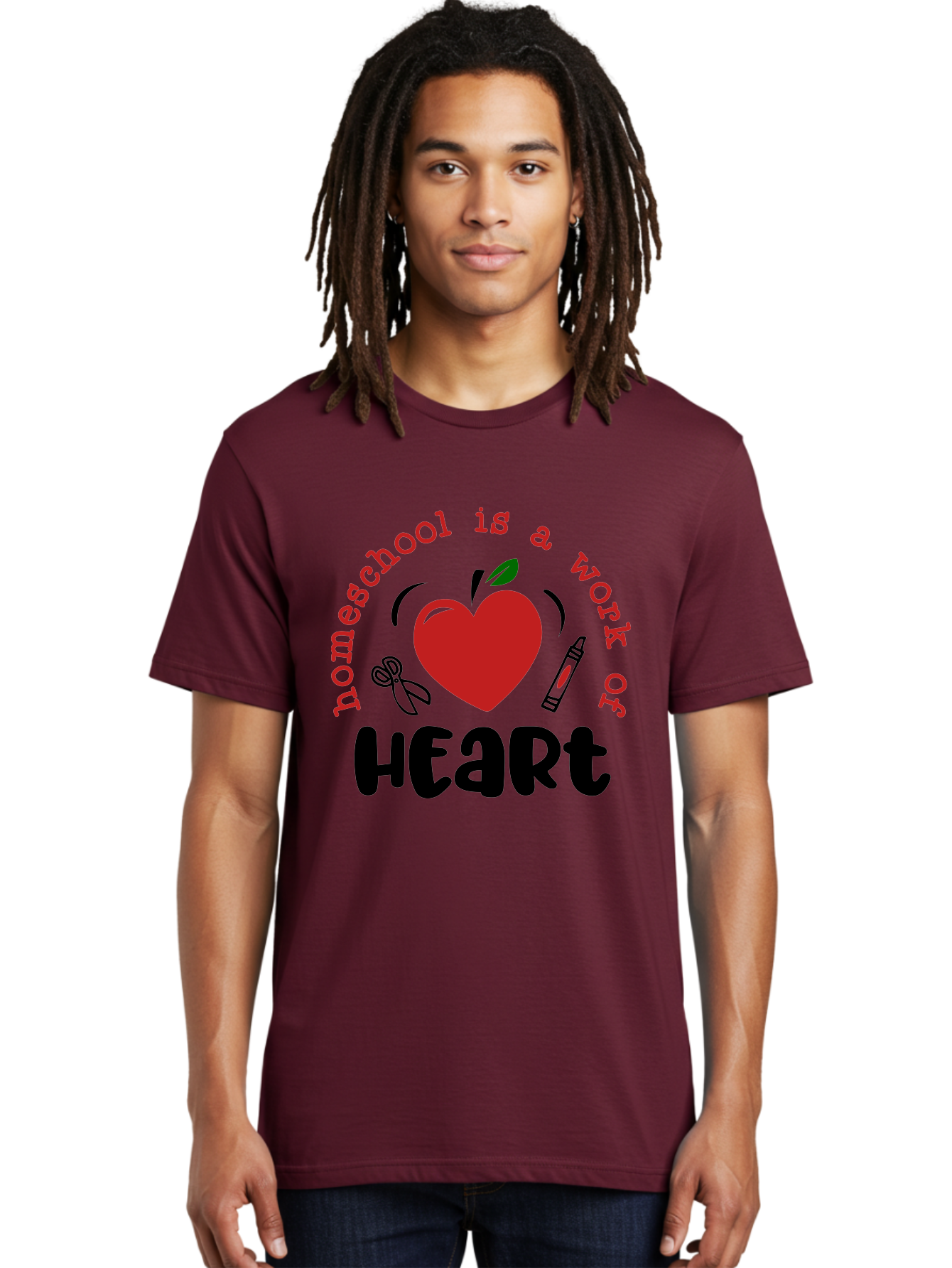 Homeschool-Is-A-Work-Of-Heart-2 Men'S Graphic Tee, 100% Cotton, Comfortable Casual Summer Wear, Machine Washable, Homeschooling, Heartwork, Education, Love, Apple, Crayon, Learning, Teaching, Homeschool Life, Art, Heart, Personalized Learning Aab347