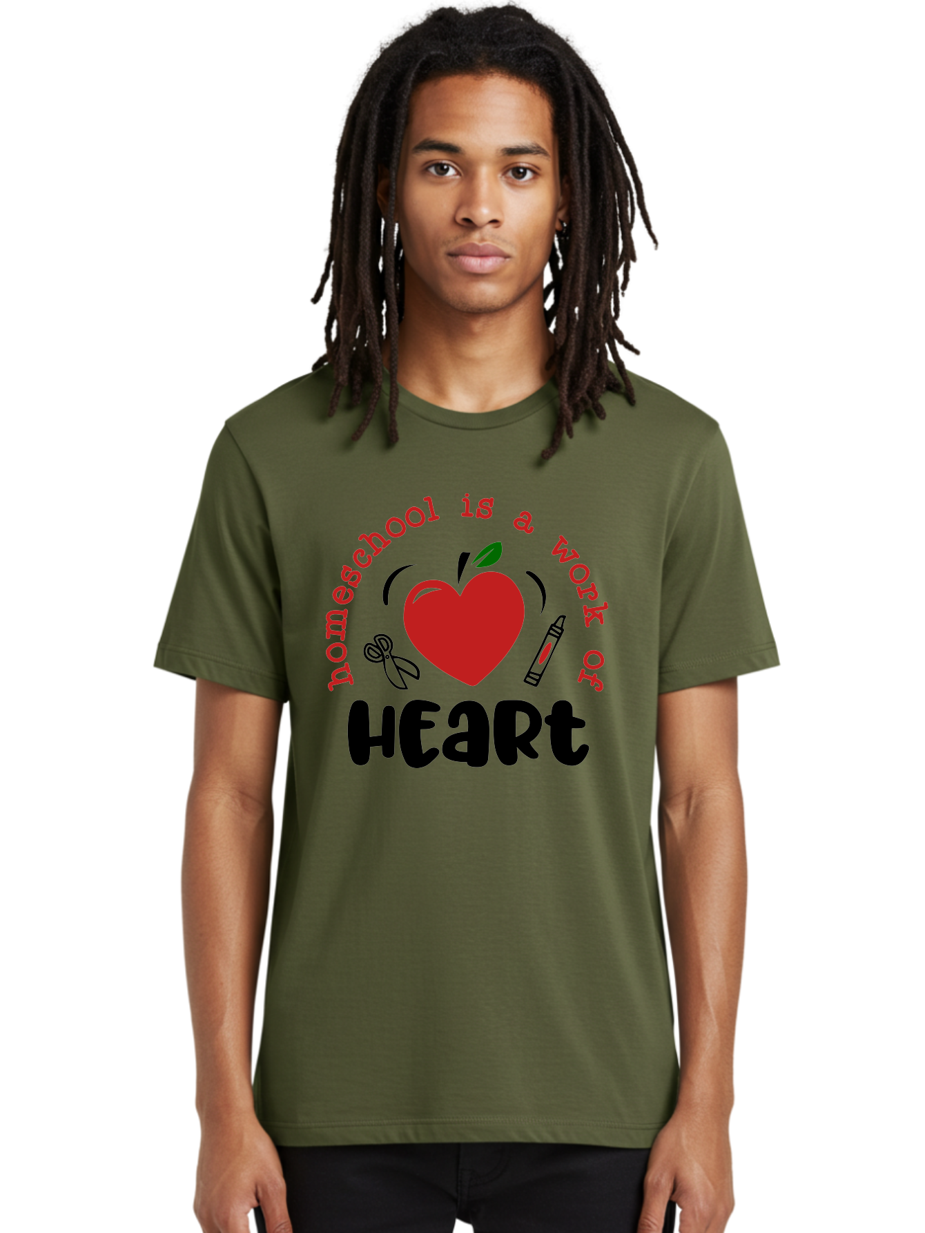 Homeschool-Is-A-Work-Of-Heart-2 Men'S Graphic Tee, 100% Cotton, Comfortable Casual Summer Wear, Machine Washable, Homeschooling, Heartwork, Education, Love, Apple, Crayon, Learning, Teaching, Homeschool Life, Art, Heart, Personalized Learning Aab347