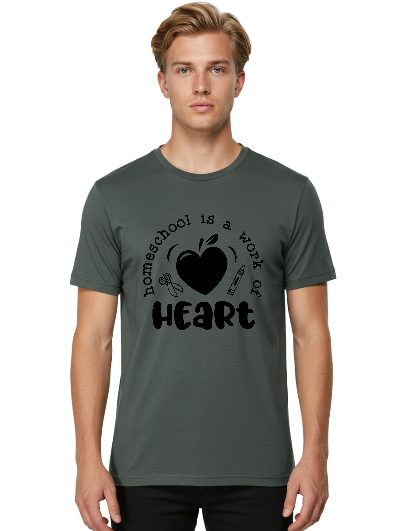 Homeschool-Is-A-Work-Of-Heart-3 Men'S Graphic Tee, 100% Cotton, Comfortable Casual Summer Wear, Machine Washable, Homeschooling, Home Education, Personalized Learning, Apple Symbol, Heart, Crayon, Creative Learning, Diy Education, Aab348