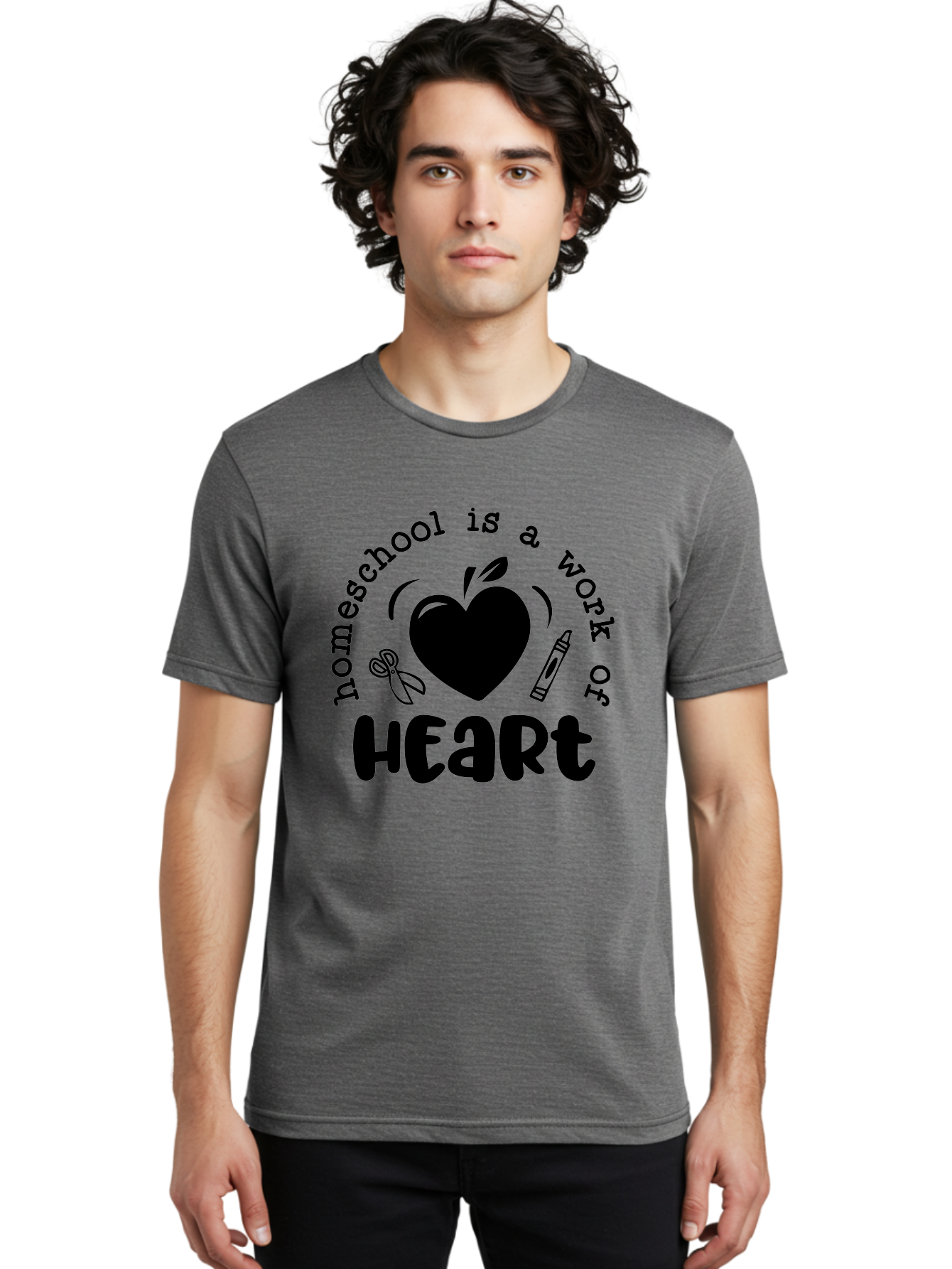 Homeschool-Is-A-Work-Of-Heart-3 Men'S Graphic Tee, 100% Cotton, Comfortable Casual Summer Wear, Machine Washable, Homeschooling, Home Education, Personalized Learning, Apple Symbol, Heart, Crayon, Creative Learning, Diy Education, Aab348