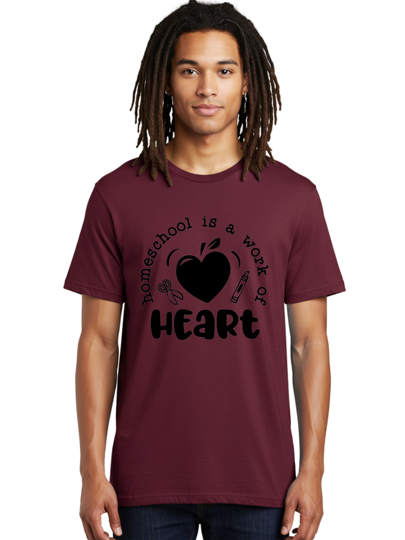 Homeschool-Is-A-Work-Of-Heart-3 Men'S Graphic Tee, 100% Cotton, Comfortable Casual Summer Wear, Machine Washable, Homeschooling, Home Education, Personalized Learning, Apple Symbol, Heart, Crayon, Creative Learning, Diy Education, Aab348