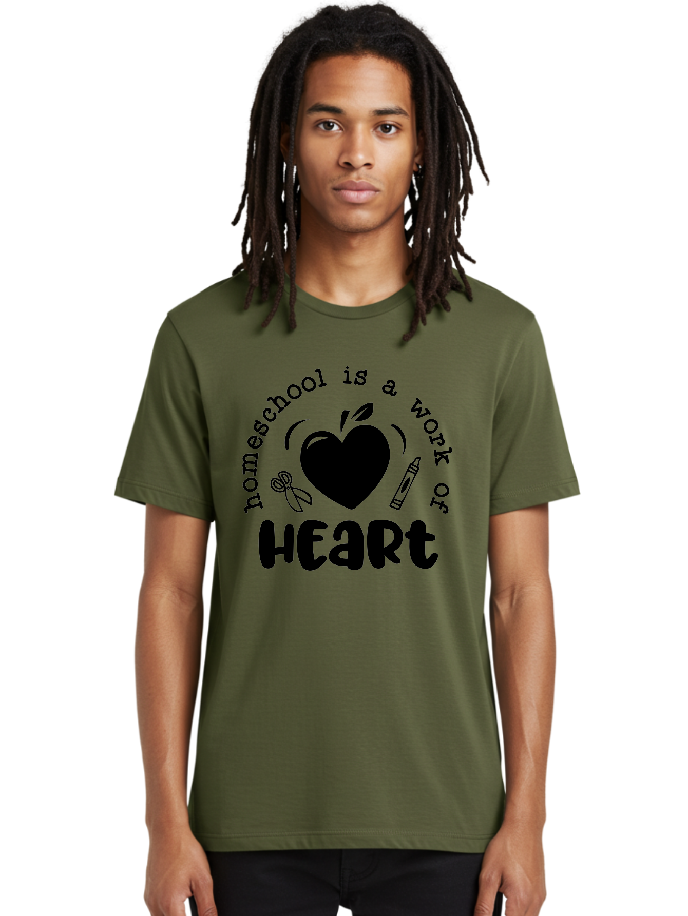 Homeschool-Is-A-Work-Of-Heart-3 Men'S Graphic Tee, 100% Cotton, Comfortable Casual Summer Wear, Machine Washable, Homeschooling, Home Education, Personalized Learning, Apple Symbol, Heart, Crayon, Creative Learning, Diy Education, Aab348