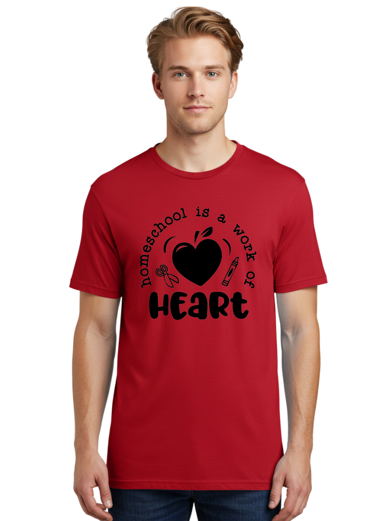 Homeschool-Is-A-Work-Of-Heart-3 Men'S Graphic Tee, 100% Cotton, Comfortable Casual Summer Wear, Machine Washable, Homeschooling, Home Education, Personalized Learning, Apple Symbol, Heart, Crayon, Creative Learning, Diy Education, Aab348