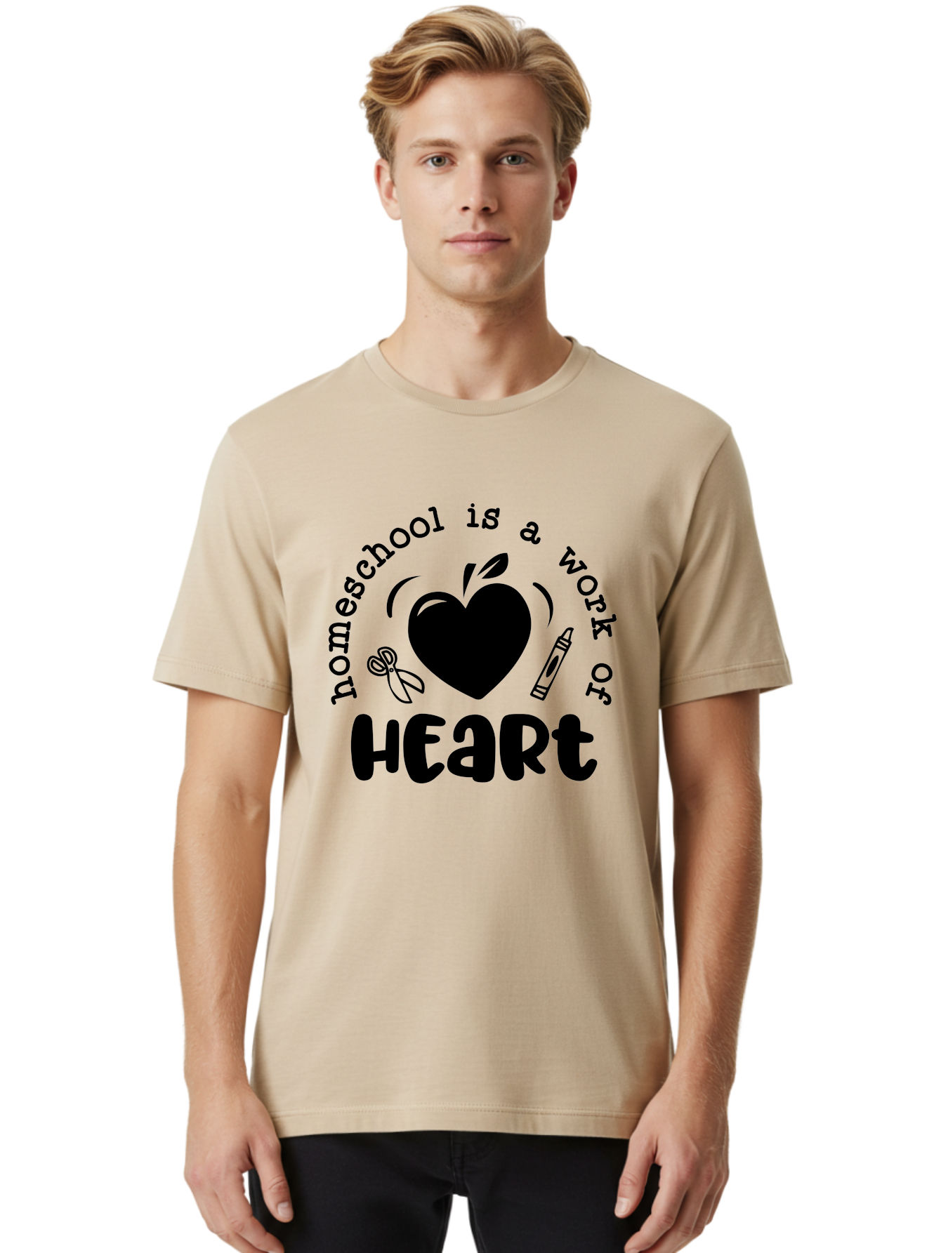 Homeschool-Is-A-Work-Of-Heart-3 Men'S Graphic Tee, 100% Cotton, Comfortable Casual Summer Wear, Machine Washable, Homeschooling, Home Education, Personalized Learning, Apple Symbol, Heart, Crayon, Creative Learning, Diy Education, Aab348