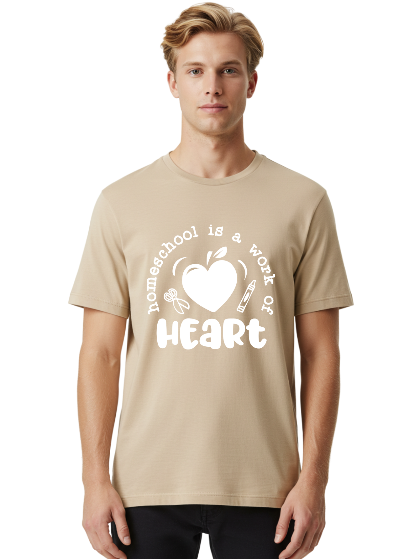 Homeschool-Is-A-Work-Of-Heart-4 Men'S Graphic Tee, 100% Cotton, Comfortable Casual Summer Wear, Machine Washable, Homeschooling Quote, Apple With Heart, Creative Education, Heartwarming Learning, Personalized Schooling, Aab349