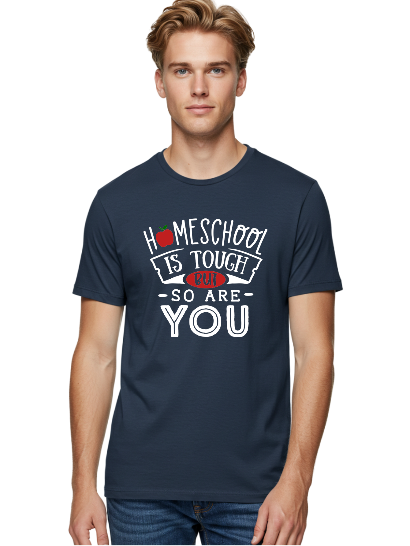 Homeschool-Is-Tough-But-So-Are-You-2 Men'S Graphic Tee, 100% Cotton, Comfortable Casual Summer Wear, Machine Washable, Homeschool, Motivational Quote, Inspirational Message, Apple Symbol, Education, Perseverance, Resilience, Empowerment Aab354