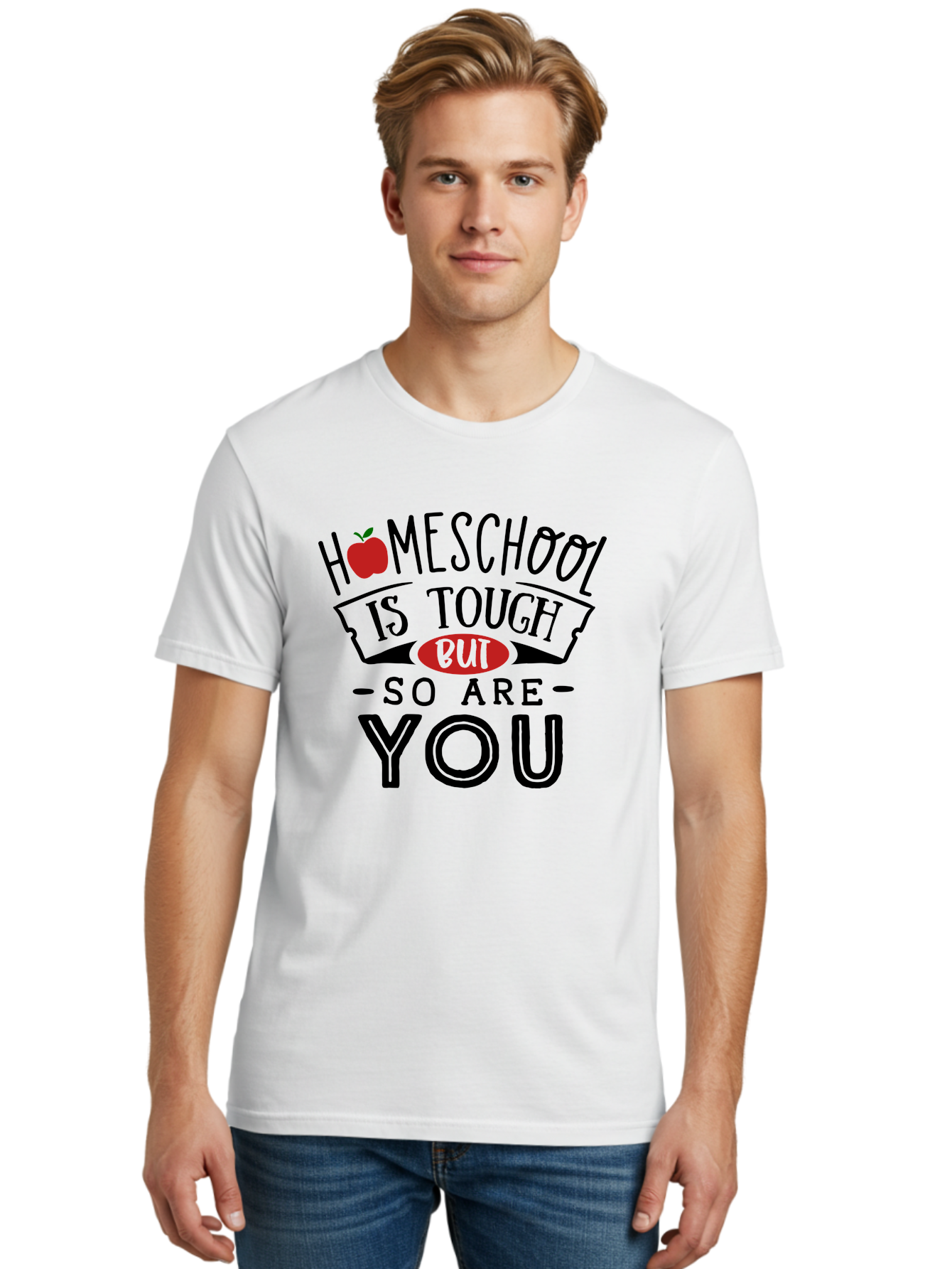 Homeschool-Is-Tough-But-So-Are-You-3 Men'S Graphic Tee, 100% Cotton, Comfortable Casual Summer Wear, Machine Washable, Homeschool, Motivational Quote, Inspirational Saying, Education, Learning, Teaching, Encouragement, Positivity, Apple Symbol Aab355
