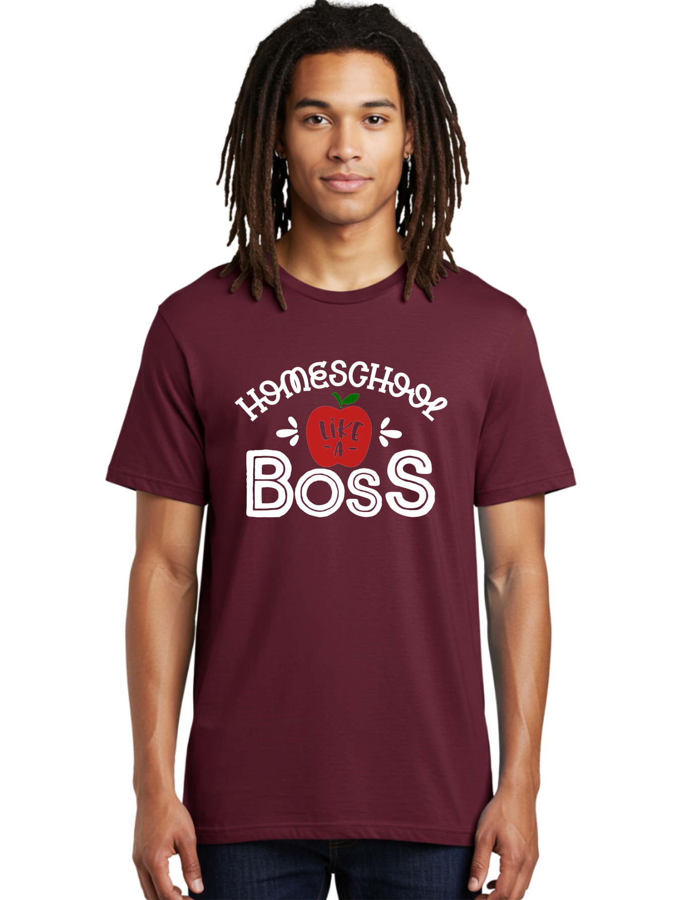 Homeschool-Like-A-Boss-1 Men'S Graphic Tee, 100% Cotton, Comfortable Casual Summer Wear, Machine Washable, Homeschool, Boss, Like A Boss, Apple, Teaching, Education, Homeschooling, Learning, Leadership, Empowerment, Motivational Quote, Aab358