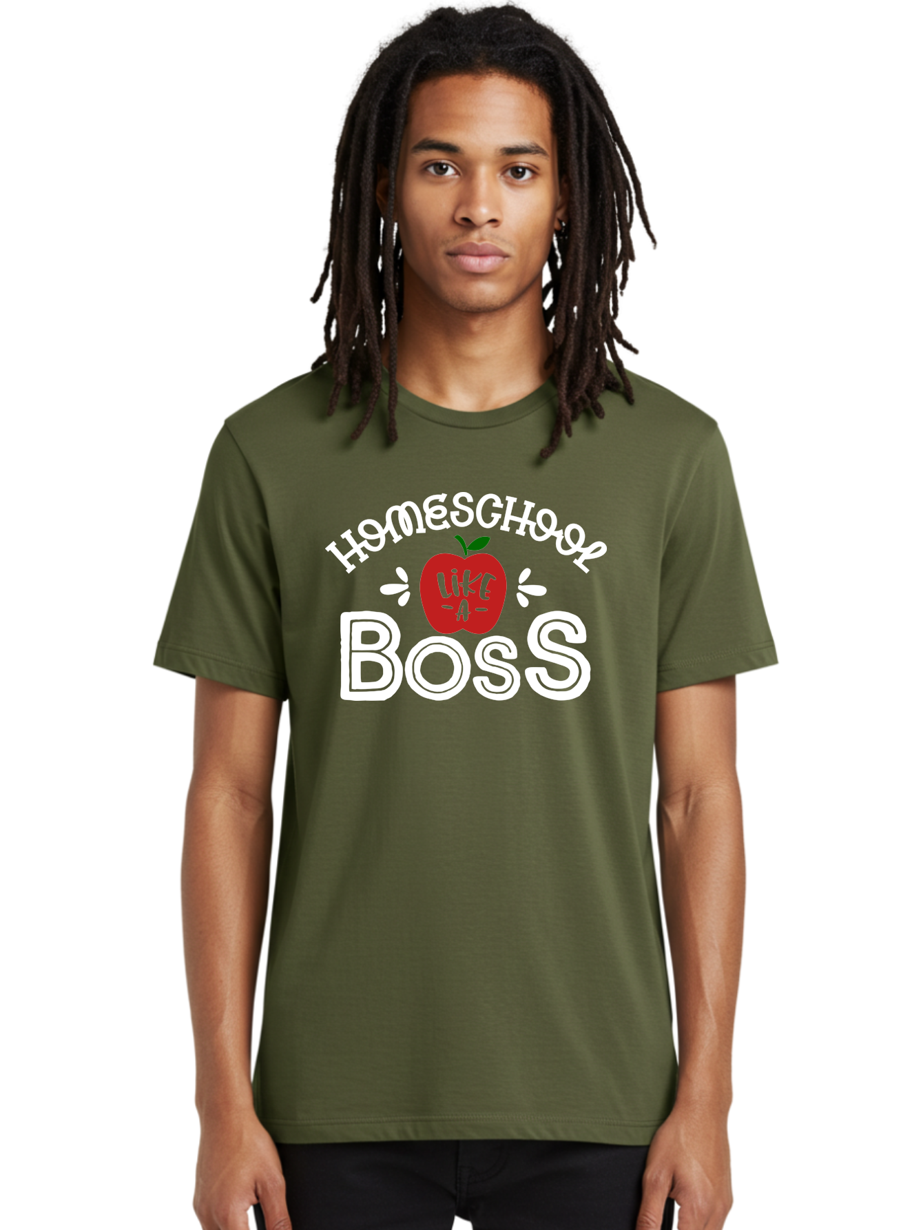 Homeschool-Like-A-Boss-1 Men'S Graphic Tee, 100% Cotton, Comfortable Casual Summer Wear, Machine Washable, Homeschool, Boss, Like A Boss, Apple, Teaching, Education, Homeschooling, Learning, Leadership, Empowerment, Motivational Quote, Aab358