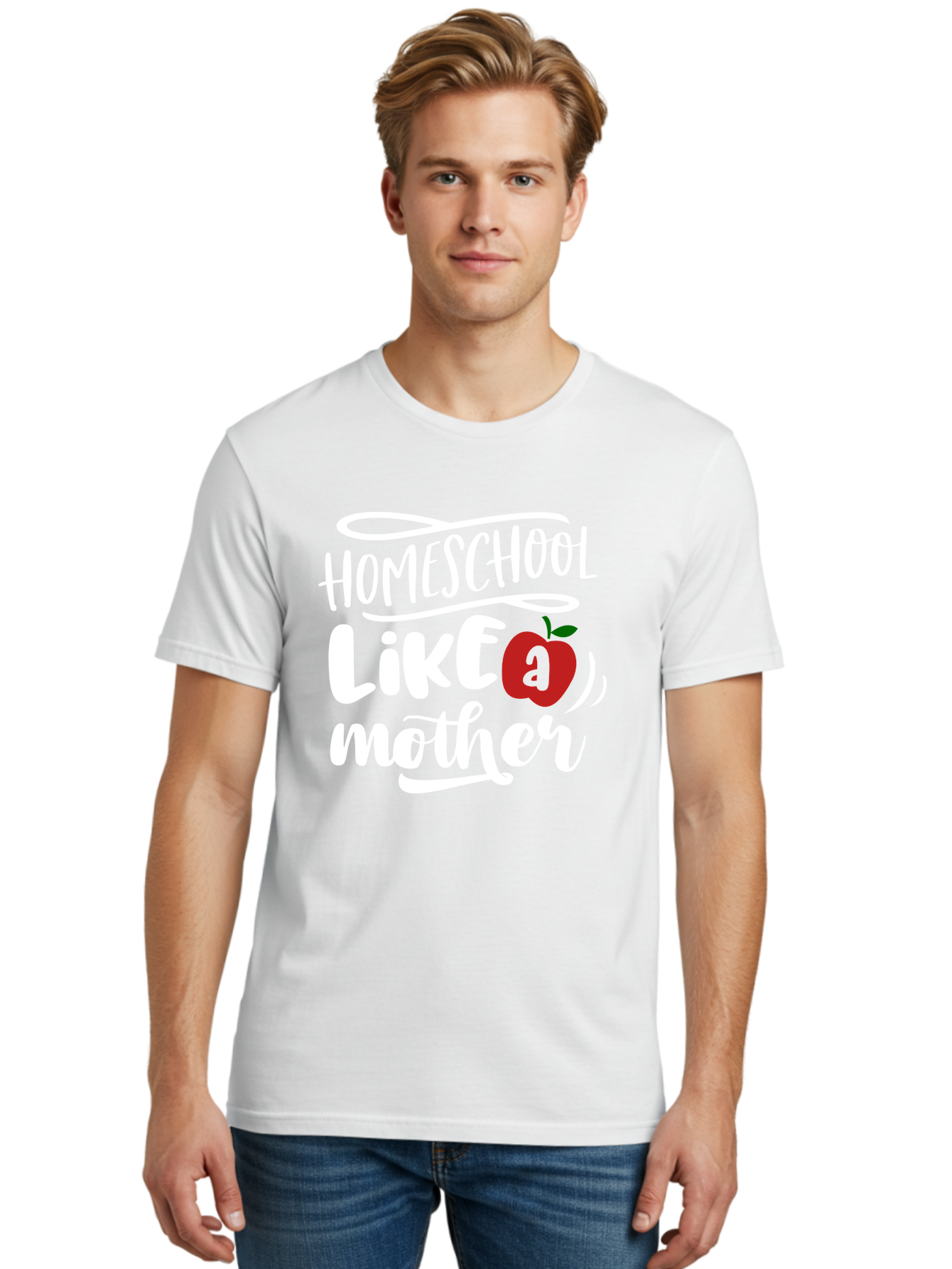 Homeschool-Like-Mother Men'S Graphic Tee, 100% Cotton, Comfortable Casual Summer Wear, Machine Washable, Homeschool, Homeschooling, Motherhood, Apple Symbol, Education, Learning, Parenting, Family, Inspirational Quote, Motivational Phrase Aab363
