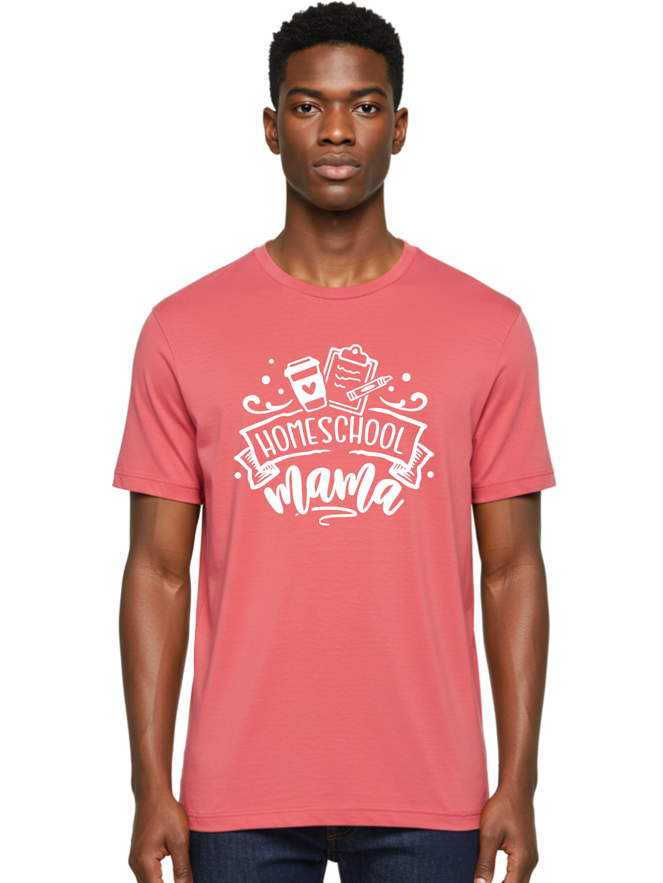 Homeschool-Mama-1 Men'S Graphic Tee, 100% Cotton, Comfortable Casual Summer Wear, Machine Washable, Homeschool Mama, Coffee Cup, Pencil, Clipboard, White Doodles, Swirls And Dots, Back To School, Homeschooling, Mom Life, Parenting, Education Aab364