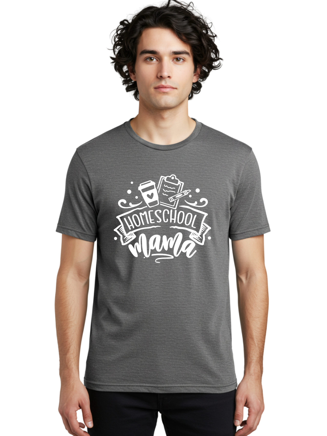 Homeschool-Mama-1 Men'S Graphic Tee, 100% Cotton, Comfortable Casual Summer Wear, Machine Washable, Homeschool Mama, Coffee Cup, Pencil, Clipboard, White Doodles, Swirls And Dots, Back To School, Homeschooling, Mom Life, Parenting, Education Aab364
