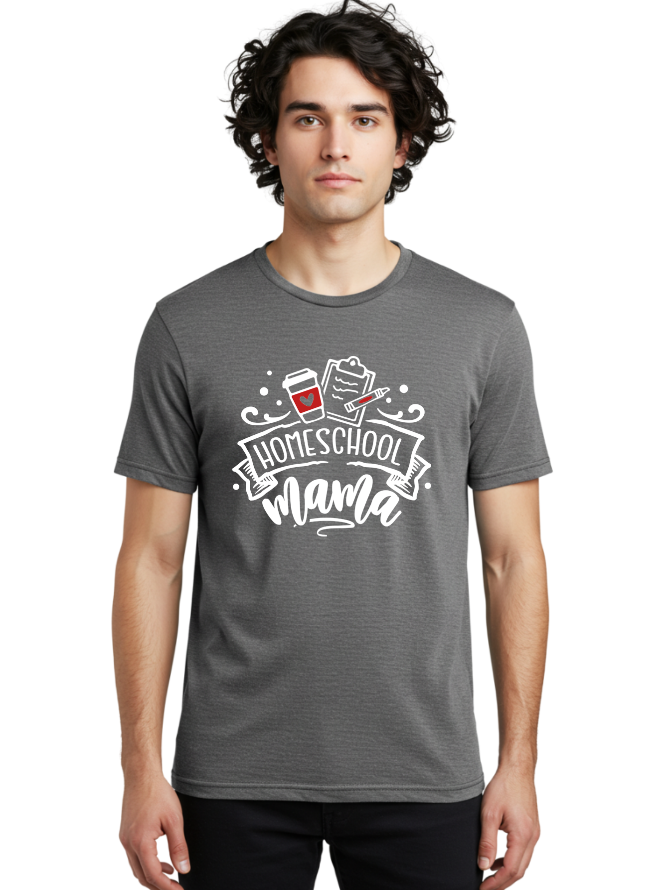 Homeschool-Mama-2 Men'S Graphic Tee, 100% Cotton, Comfortable Casual Summer Wear, Machine Washable, Homeschool Mama, Coffee Cup With Heart, Clipboard, Pencil, Educational Supplies, Home Education, Mom Life, Learning At Home, Teaching, Aab365