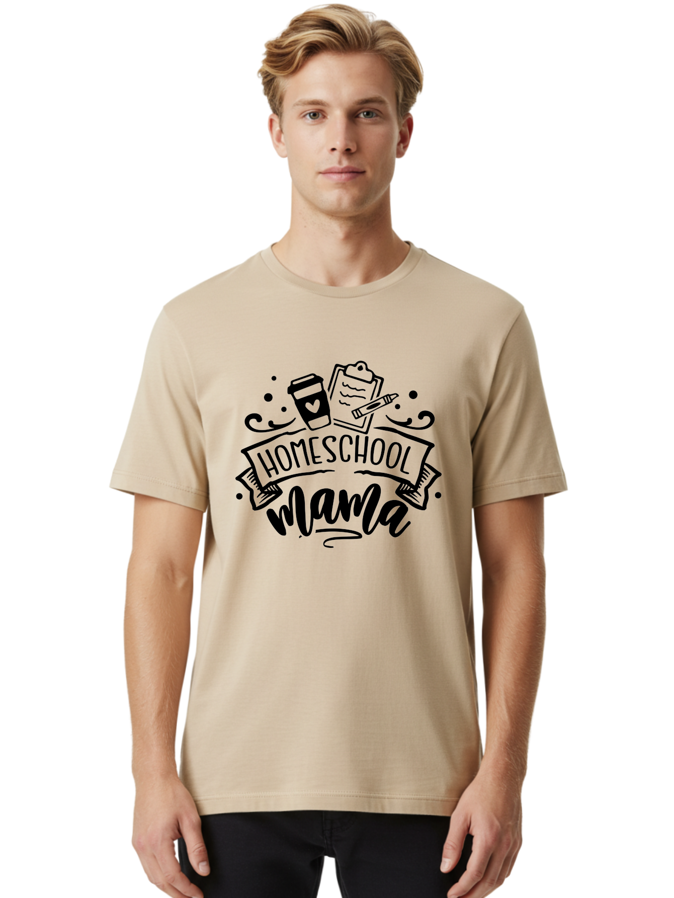 Homeschool-Mama Men'S Graphic Tee, 100% Cotton, Comfortable Casual Summer Wear, Machine Washable, Homeschool Mama, Coffee Cup, Clipboard, Pencil, Educational Tools, Home Education, Mom Life, Parenting, Learning, Teaching Aab367