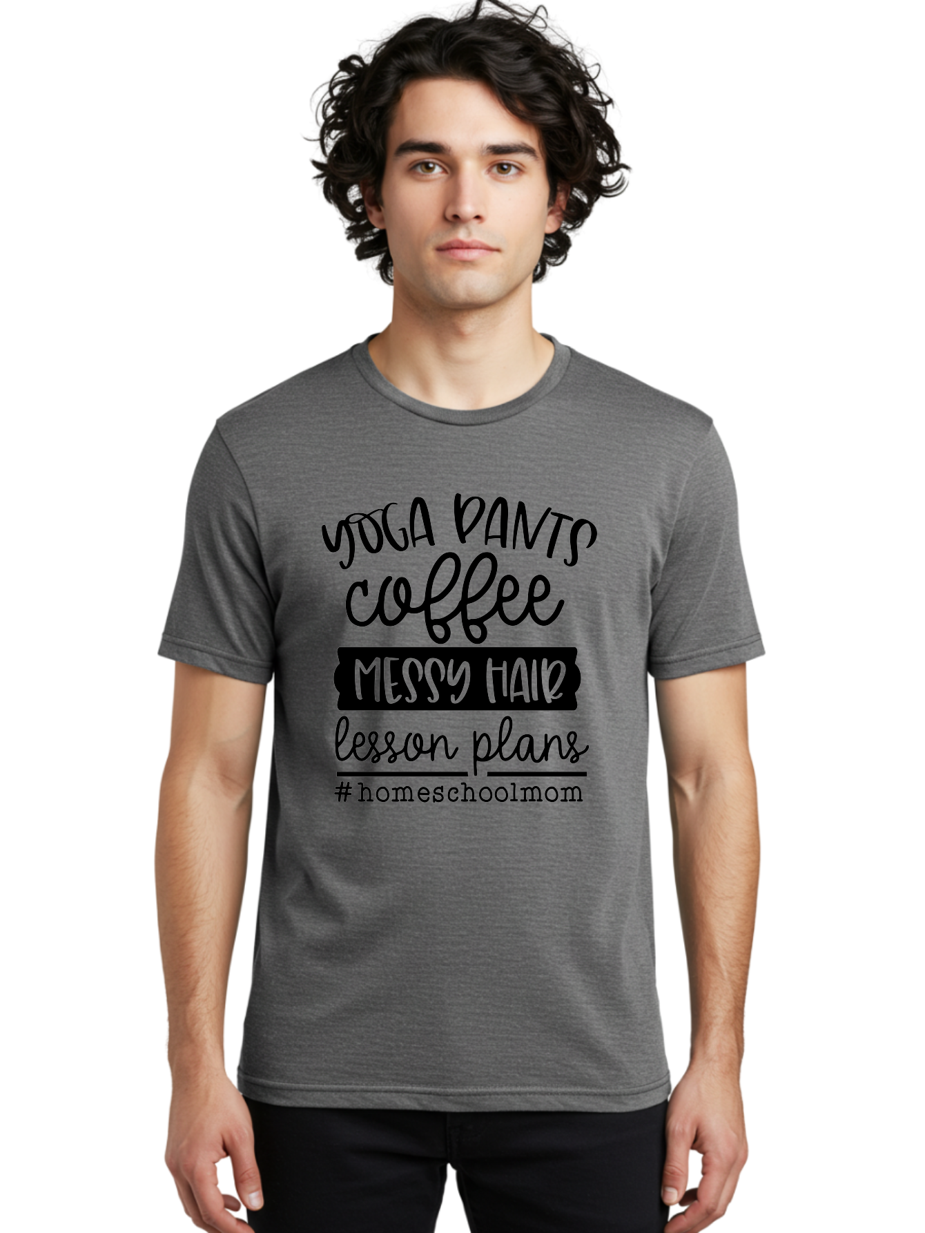 Homeschool-Mom-1 Men'S Graphic Tee, 100% Cotton, Comfortable Casual Summer Wear, Machine Washable, Homeschool Mom, Yoga Pants, Coffee, Messy Hair, Lesson Plans, Homeschooling, Parenting, Mom Life, Everyday Struggles, Relaxed Mom, Casual Style Aab368