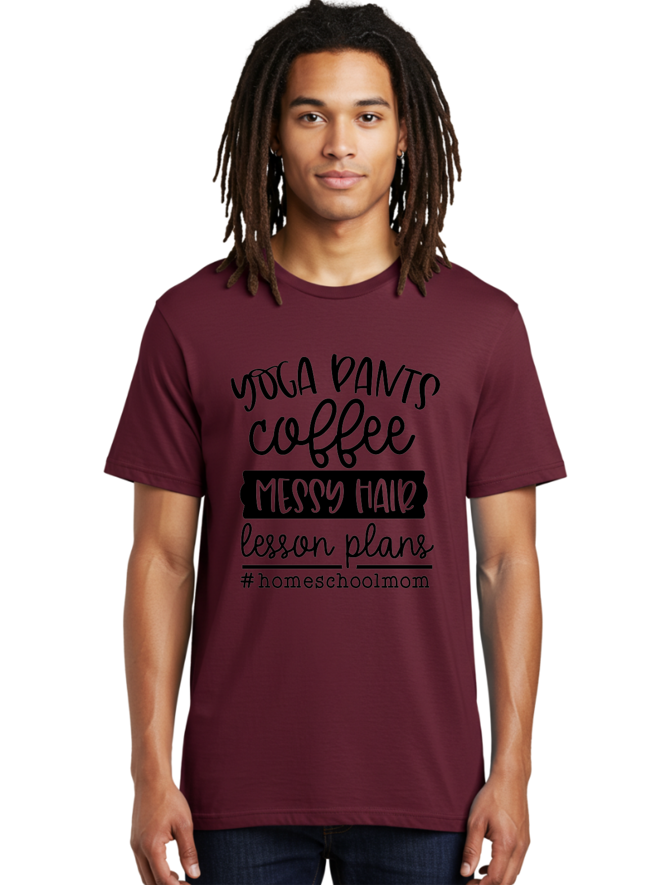 Homeschool-Mom-1 Men'S Graphic Tee, 100% Cotton, Comfortable Casual Summer Wear, Machine Washable, Homeschool Mom, Yoga Pants, Coffee, Messy Hair, Lesson Plans, Homeschooling, Parenting, Mom Life, Everyday Struggles, Relaxed Mom, Casual Style Aab368