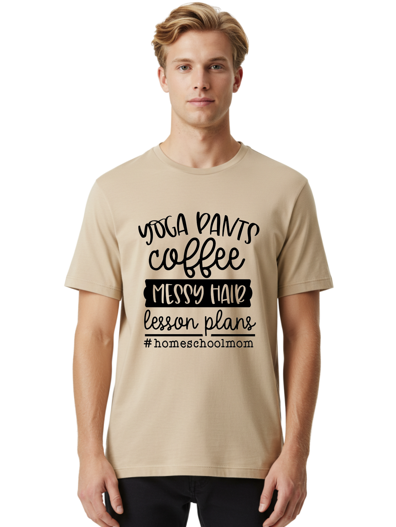 Homeschool-Mom-1 Men'S Graphic Tee, 100% Cotton, Comfortable Casual Summer Wear, Machine Washable, Homeschool Mom, Yoga Pants, Coffee, Messy Hair, Lesson Plans, Homeschooling, Parenting, Mom Life, Everyday Struggles, Relaxed Mom, Casual Style Aab368