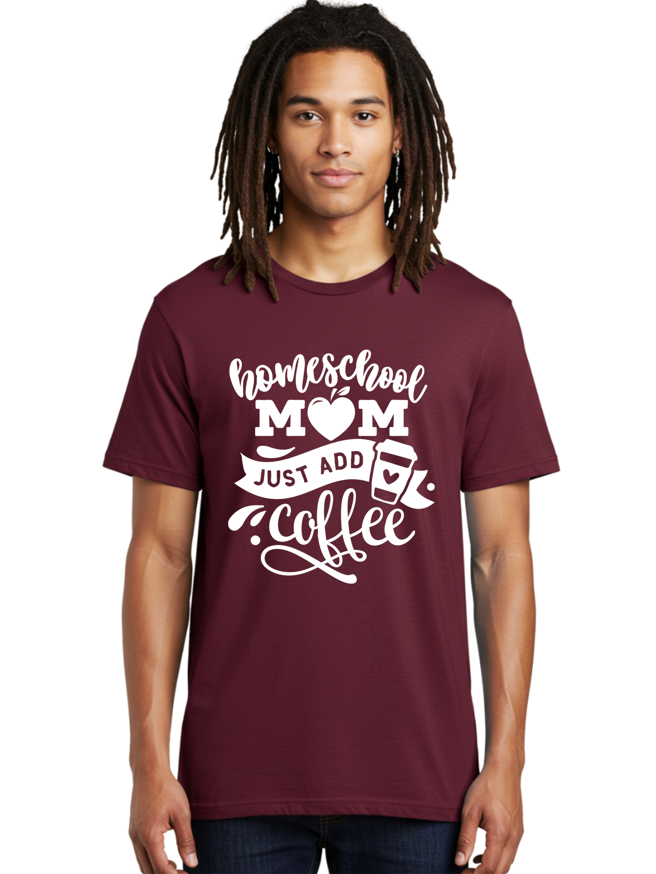 Homeschool-Mom-Just-Add-Coffee-1 Men'S Graphic Tee, 100% Cotton, Comfortable Casual Summer Wear, Machine Washable, Homeschool Mom, Coffee Lover, Mom Life, Coffee Mom, Funny Quote, Homeschooling, Mom Humor, Coffee Culture, Inspirational Quote Aab370