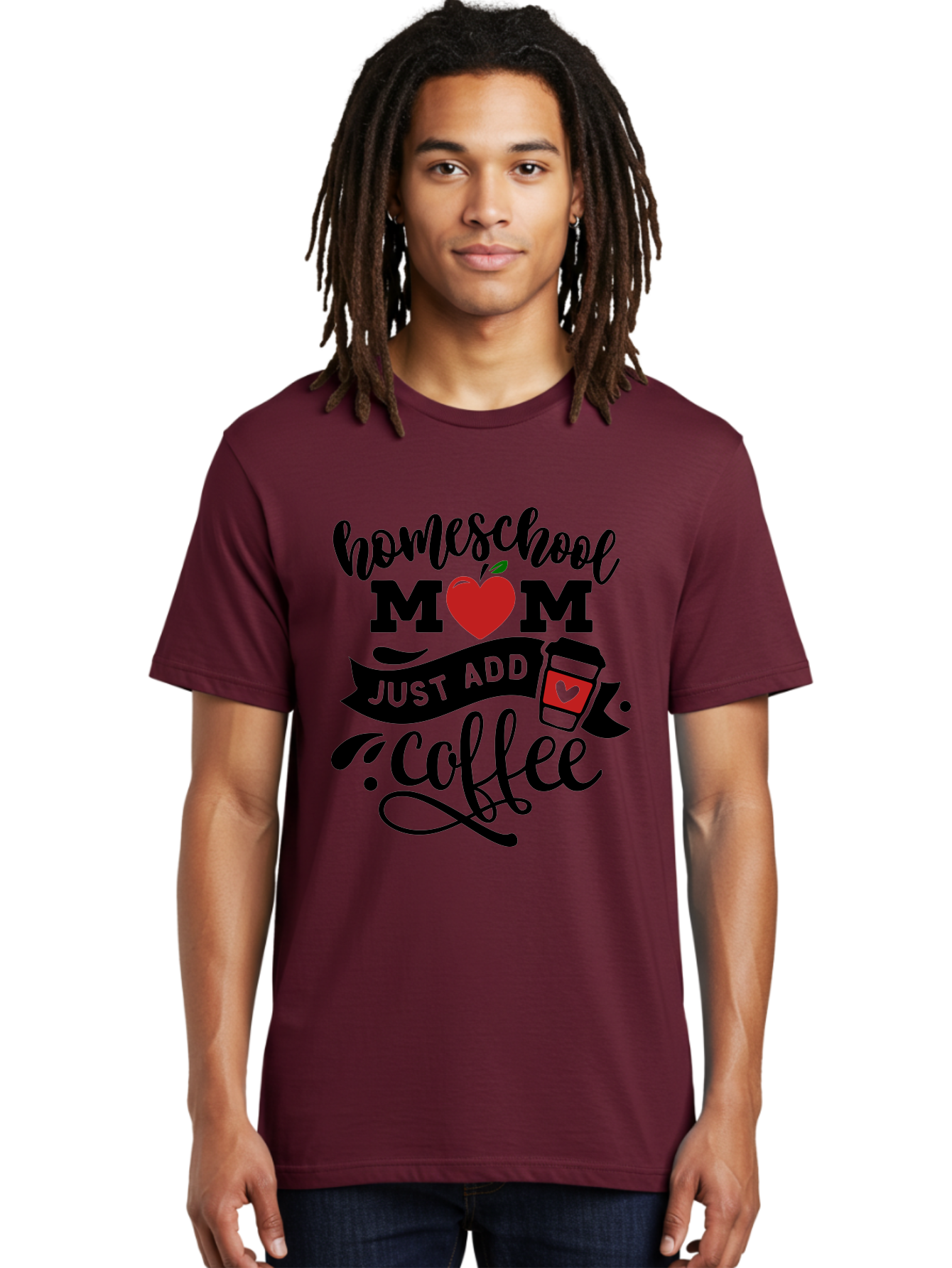 Homeschool-Mom-Just-Add-Coffee-2 Men'S Graphic Tee, 100% Cotton, Comfortable Casual Summer Wear, Machine Washable, Homeschool Mom, Coffee Lover, Motherhood, Homeschooling, Mom Life, Coffee Addiction, Funny Quote, Motherhood Quote, Love Heart, Aab371