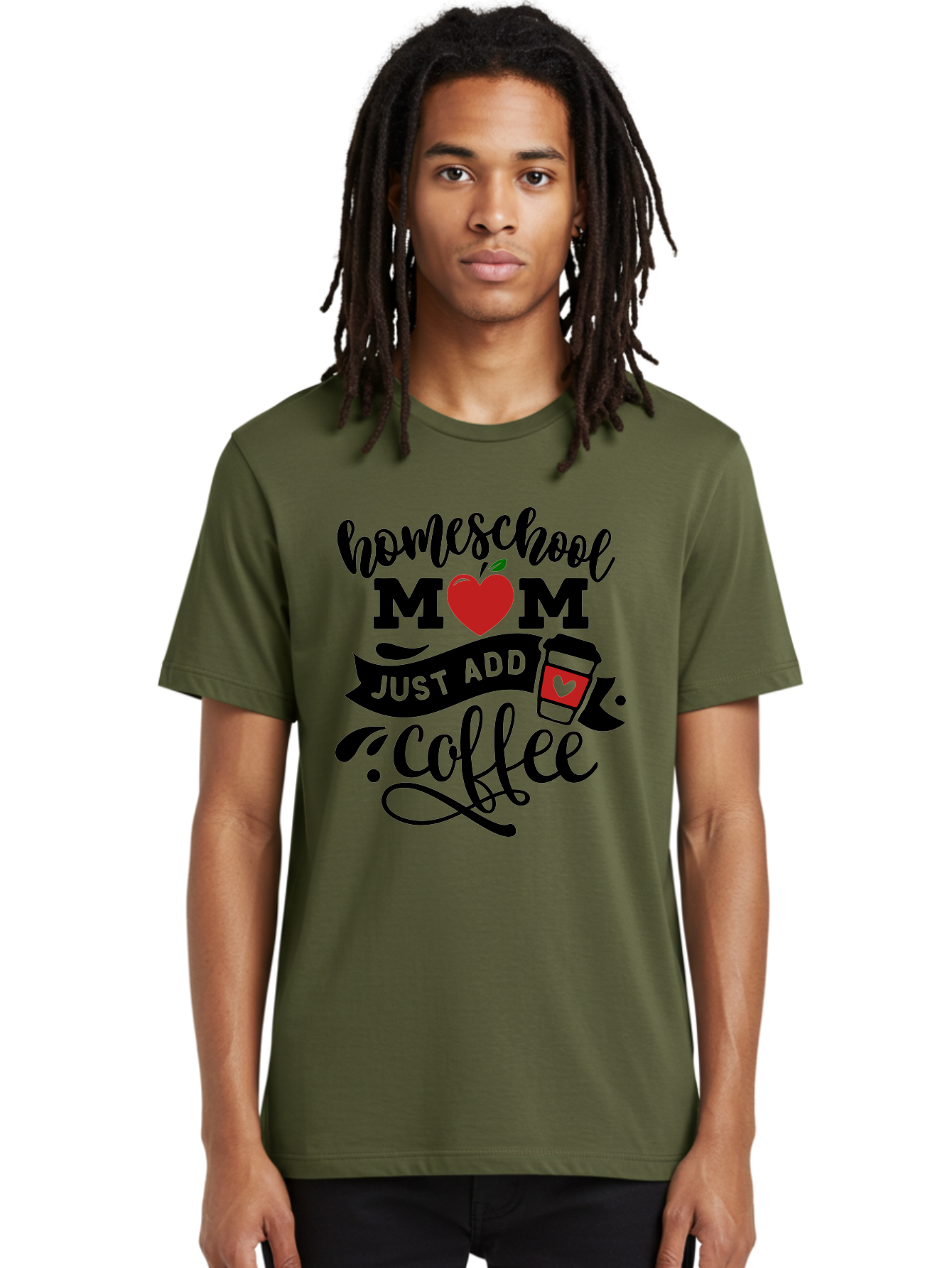 Homeschool-Mom-Just-Add-Coffee-2 Men'S Graphic Tee, 100% Cotton, Comfortable Casual Summer Wear, Machine Washable, Homeschool Mom, Coffee Lover, Motherhood, Homeschooling, Mom Life, Coffee Addiction, Funny Quote, Motherhood Quote, Love Heart, Aab371