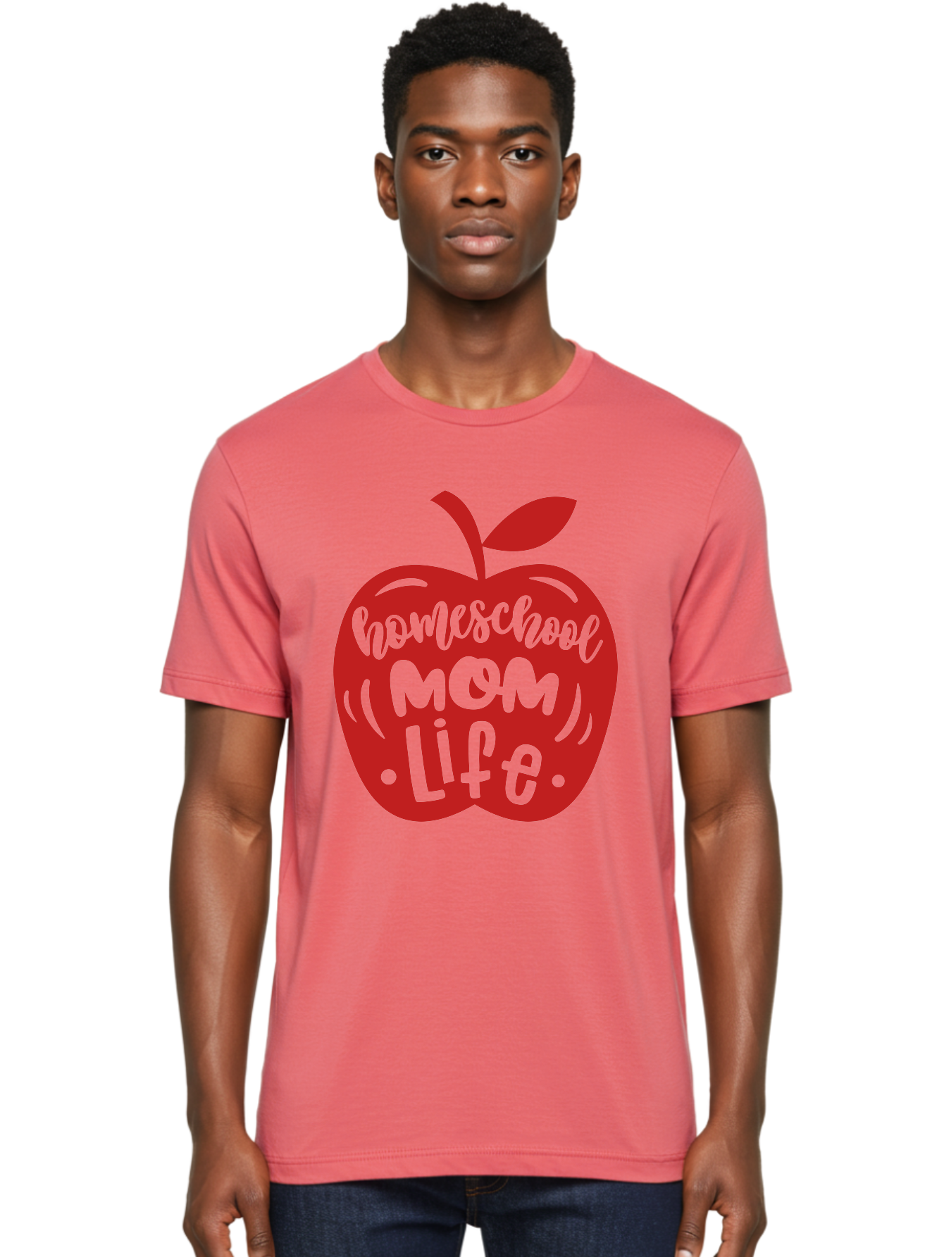 Homeschool-Mom-Life-2 Men'S Graphic Tee, 100% Cotton, Comfortable Casual Summer Wear, Machine Washable, Homeschool Mom Life, Apple Graphic, Red Apple, Green Text, Mom Life, Homeschooling, Parenting, Education, Learning At Home Aab374