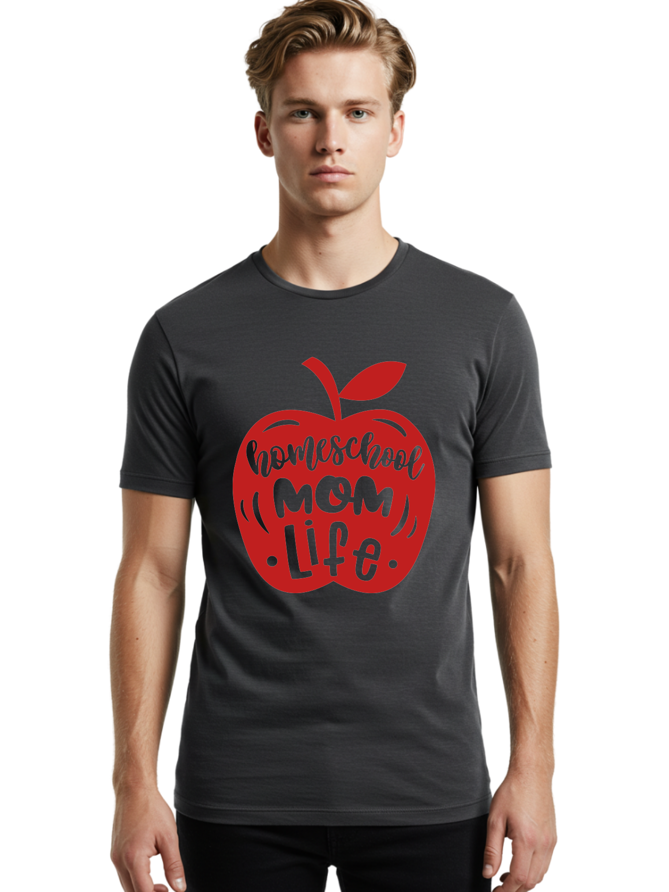 Homeschool-Mom-Life-2 Men'S Graphic Tee, 100% Cotton, Comfortable Casual Summer Wear, Machine Washable, Homeschool Mom Life, Apple Graphic, Red Apple, Green Text, Mom Life, Homeschooling, Parenting, Education, Learning At Home Aab374