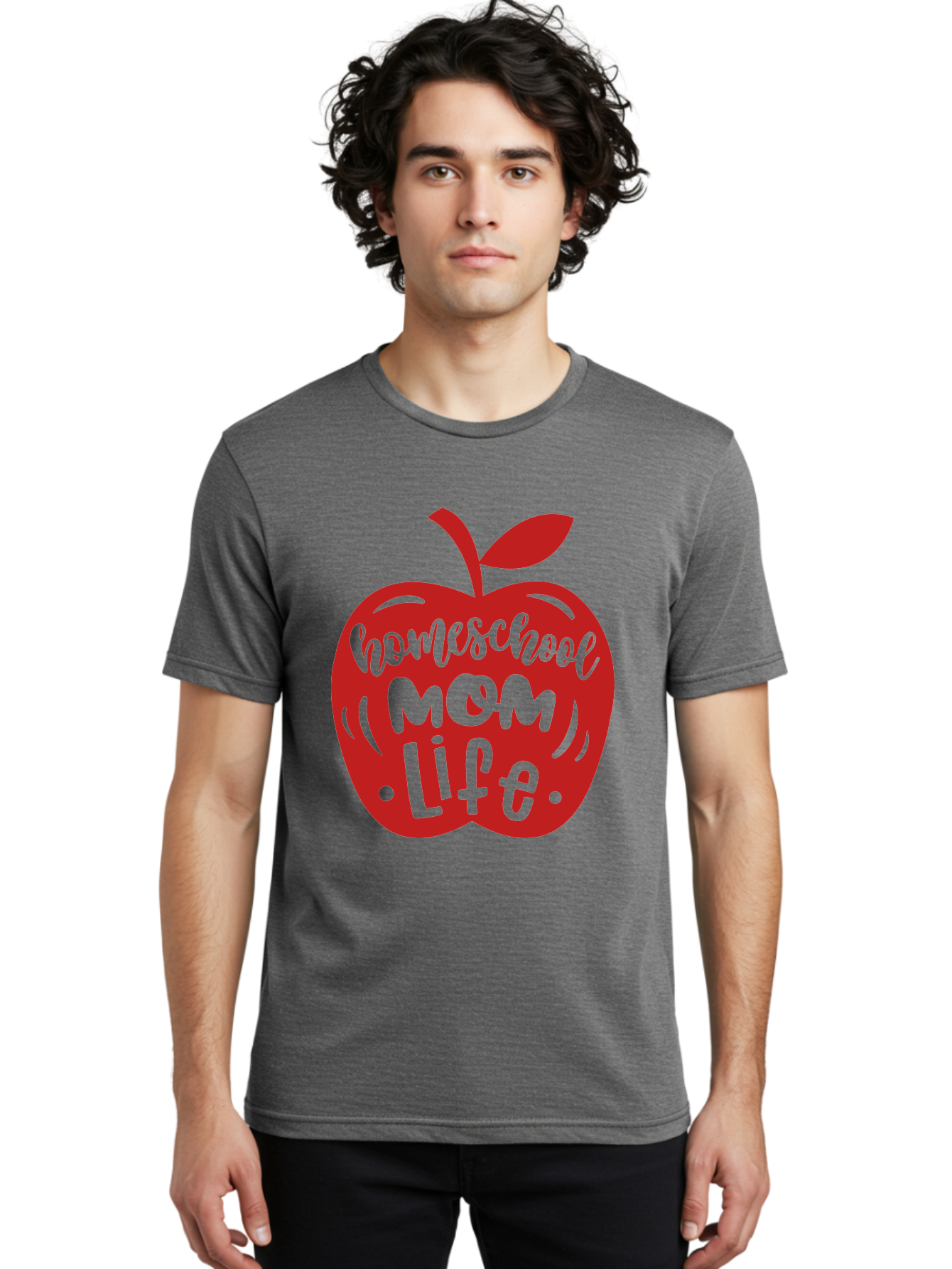 Homeschool-Mom-Life-2 Men'S Graphic Tee, 100% Cotton, Comfortable Casual Summer Wear, Machine Washable, Homeschool Mom Life, Apple Graphic, Red Apple, Green Text, Mom Life, Homeschooling, Parenting, Education, Learning At Home Aab374