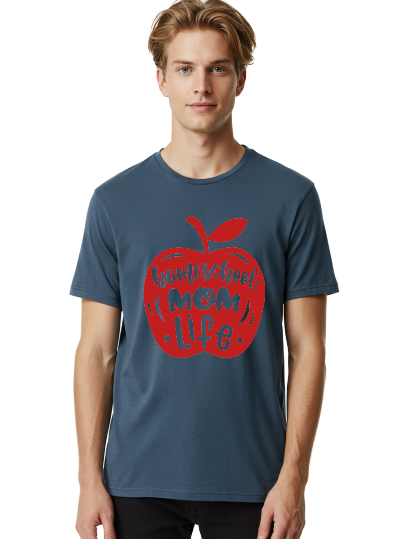 Homeschool-Mom-Life-2 Men'S Graphic Tee, 100% Cotton, Comfortable Casual Summer Wear, Machine Washable, Homeschool Mom Life, Apple Graphic, Red Apple, Green Text, Mom Life, Homeschooling, Parenting, Education, Learning At Home Aab374