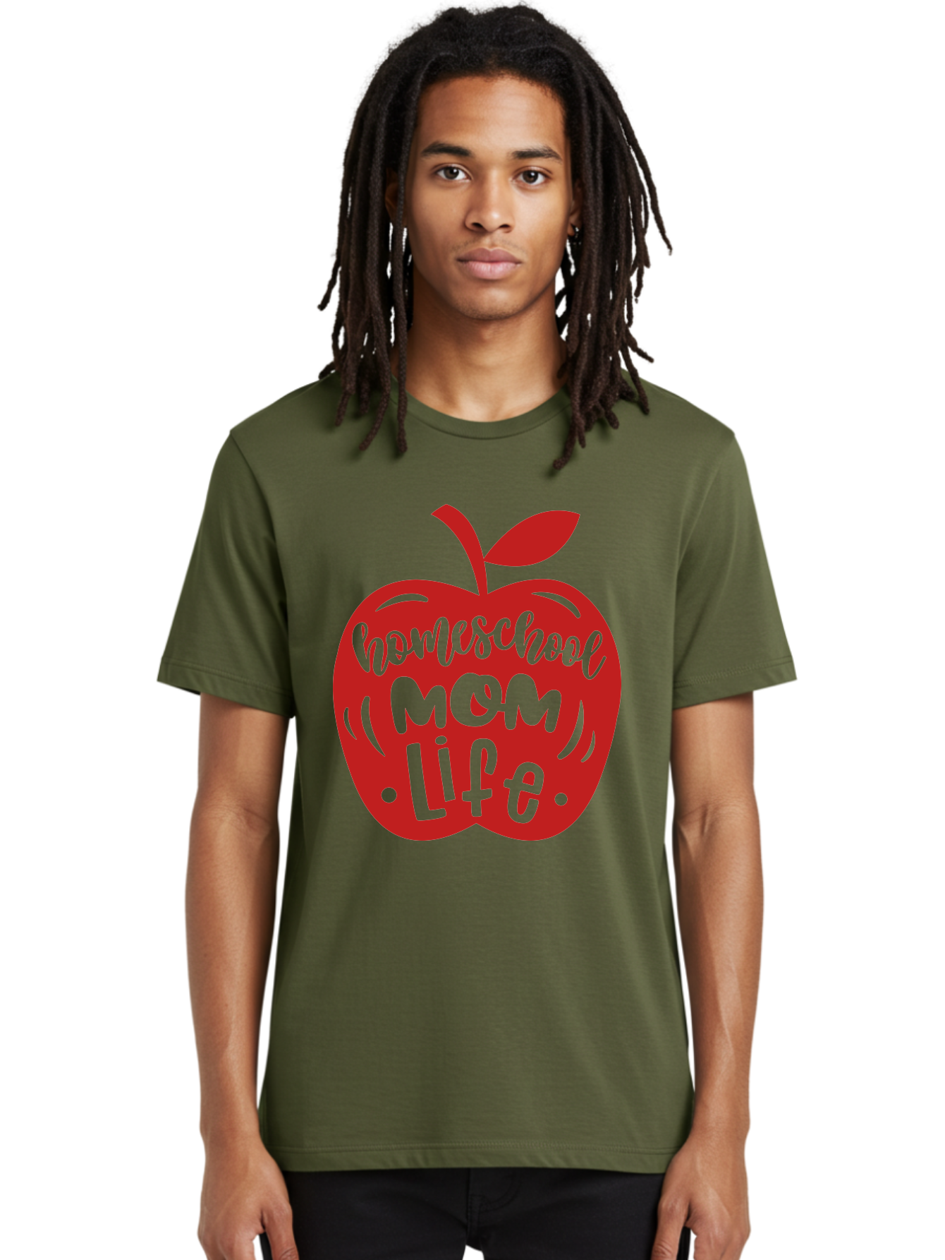 Homeschool-Mom-Life-2 Men'S Graphic Tee, 100% Cotton, Comfortable Casual Summer Wear, Machine Washable, Homeschool Mom Life, Apple Graphic, Red Apple, Green Text, Mom Life, Homeschooling, Parenting, Education, Learning At Home Aab374