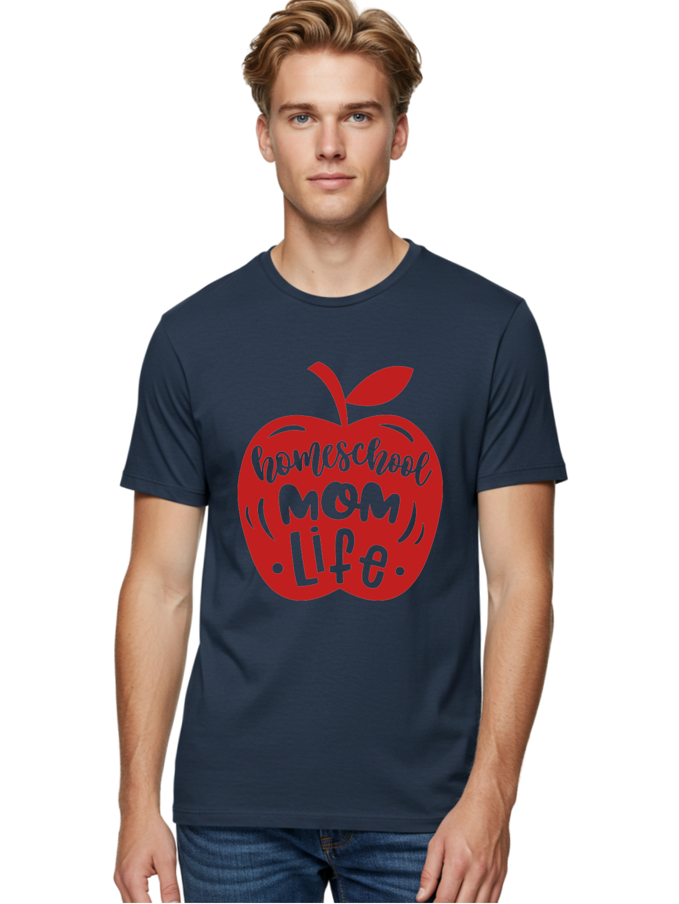 Homeschool-Mom-Life-2 Men'S Graphic Tee, 100% Cotton, Comfortable Casual Summer Wear, Machine Washable, Homeschool Mom Life, Apple Graphic, Red Apple, Green Text, Mom Life, Homeschooling, Parenting, Education, Learning At Home Aab374
