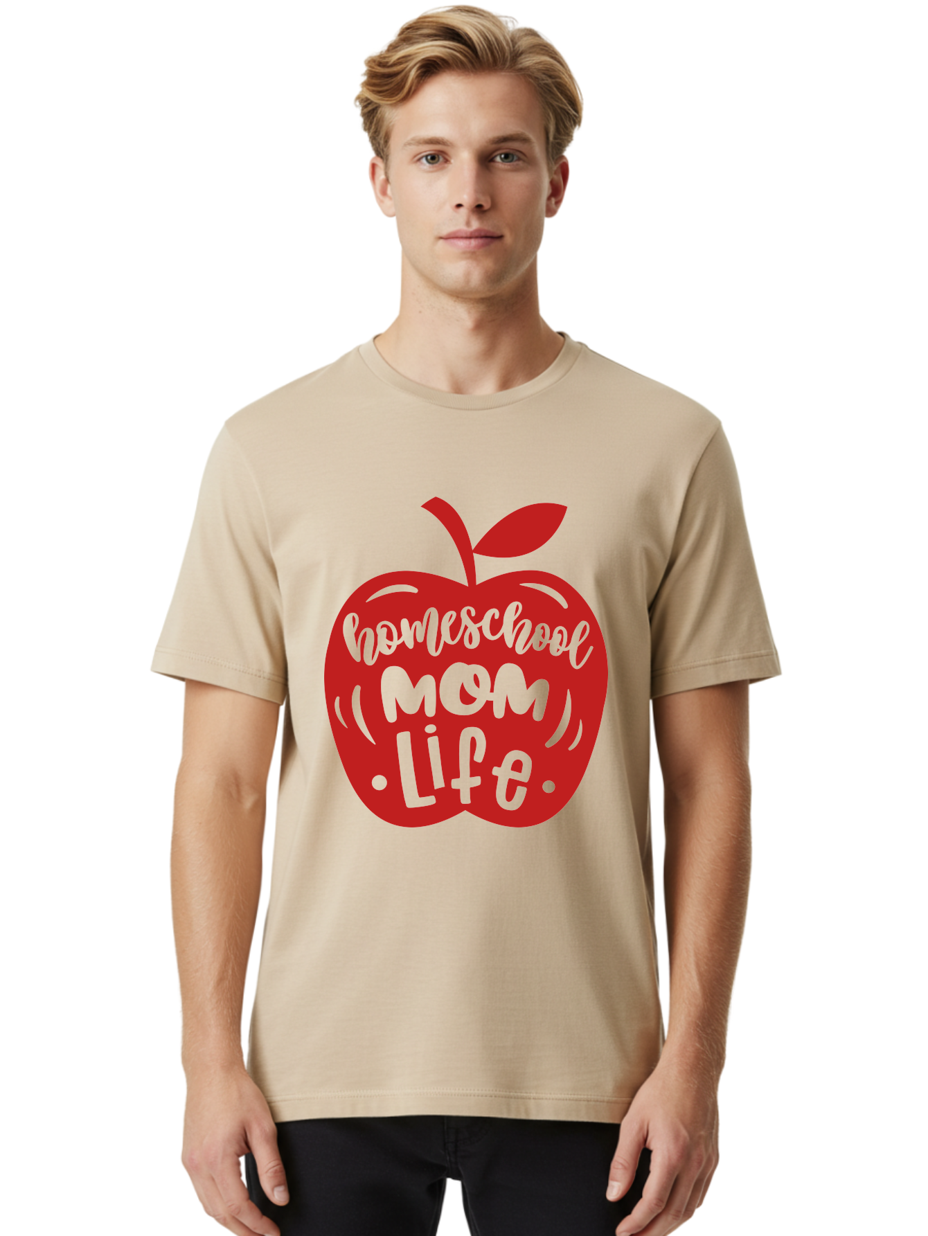 Homeschool-Mom-Life-2 Men'S Graphic Tee, 100% Cotton, Comfortable Casual Summer Wear, Machine Washable, Homeschool Mom Life, Apple Graphic, Red Apple, Green Text, Mom Life, Homeschooling, Parenting, Education, Learning At Home Aab374