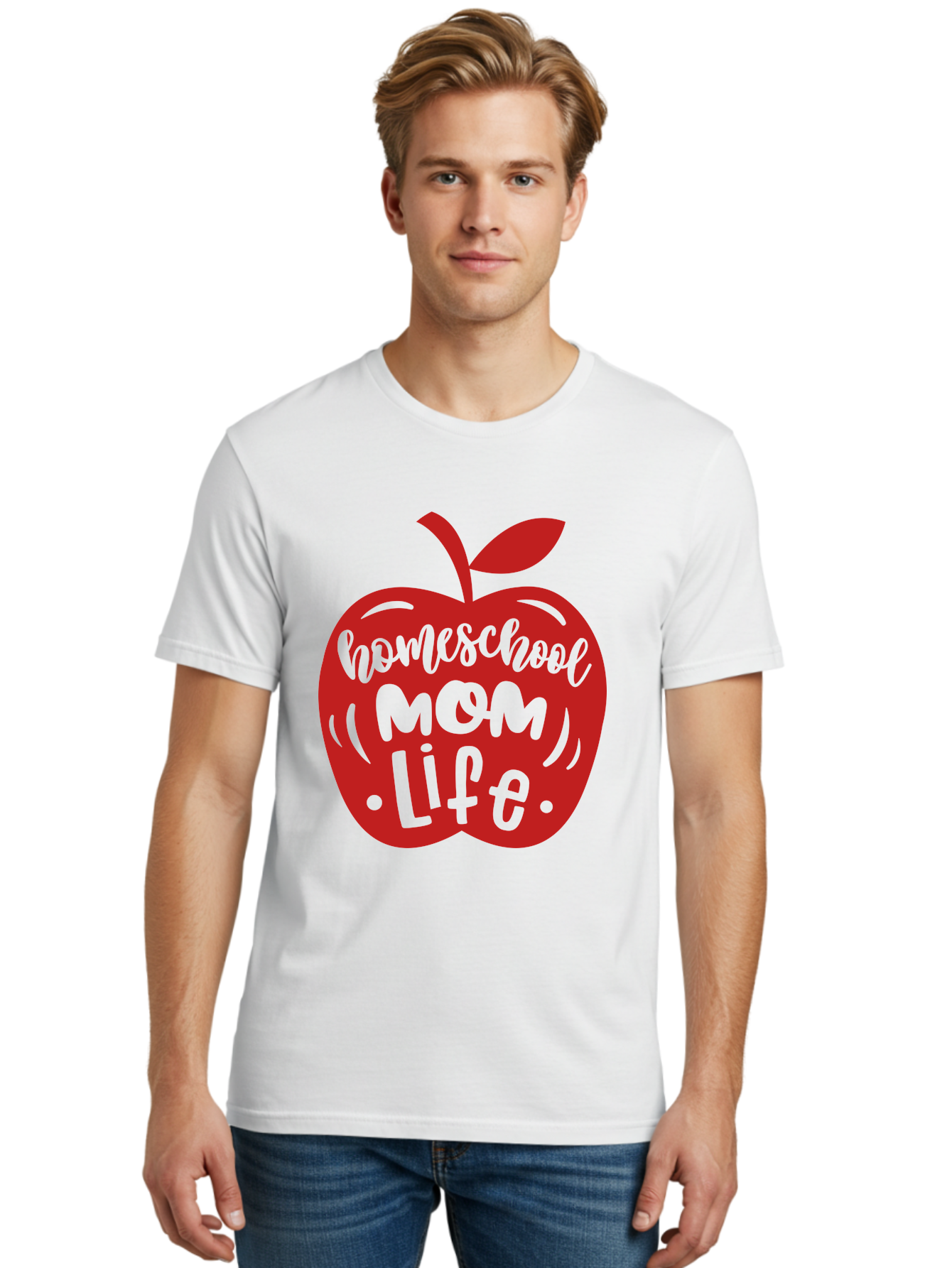 Homeschool-Mom-Life-2 Men'S Graphic Tee, 100% Cotton, Comfortable Casual Summer Wear, Machine Washable, Homeschool Mom Life, Apple Graphic, Red Apple, Green Text, Mom Life, Homeschooling, Parenting, Education, Learning At Home Aab374