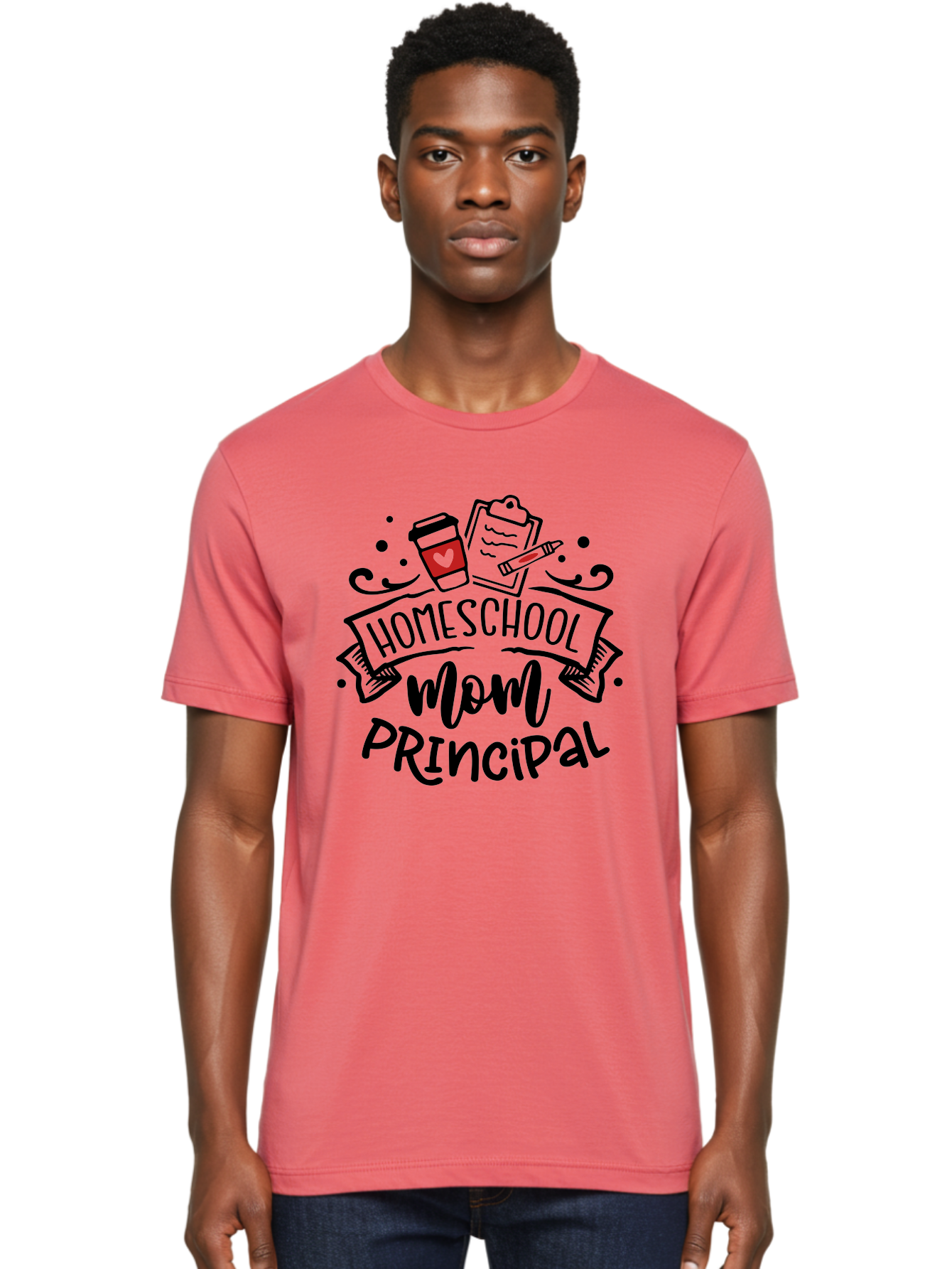 Homeschool-Mom-Principal-1 Men'S Graphic Tee, 100% Cotton, Comfortable Casual Summer Wear, Machine Washable, Homeschool Mom, Principal, Coffee Cup, Red Heart, Clipboard, Pencil, Education, Learning, Parenting, Homeschooling, Teaching, Aab376