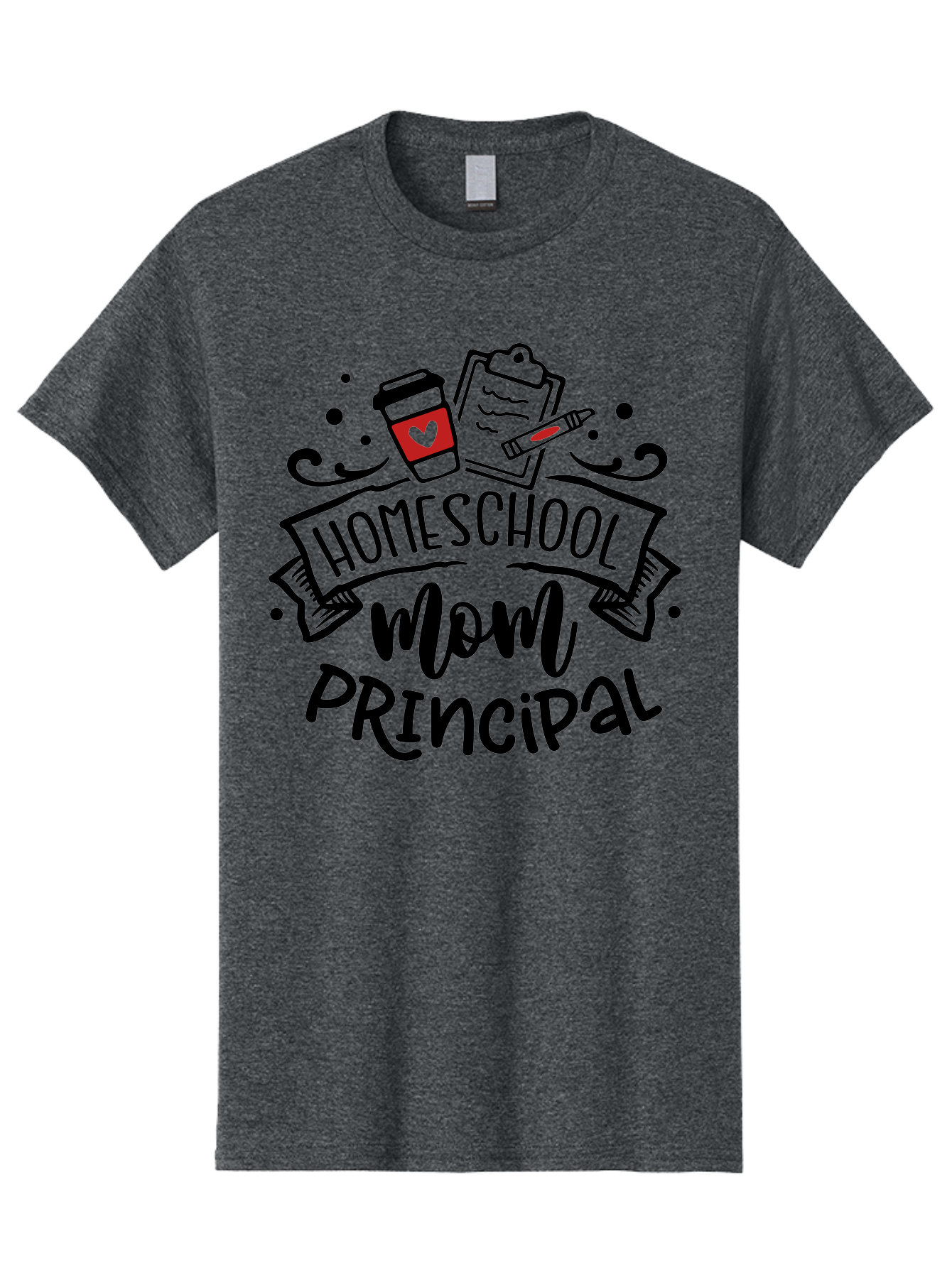 Homeschool-Mom-Principal-1 Men'S Graphic Tee, 100% Cotton, Comfortable Casual Summer Wear, Machine Washable, Homeschool Mom, Principal, Coffee Cup, Red Heart, Clipboard, Pencil, Education, Learning, Parenting, Homeschooling, Teaching, Aab376