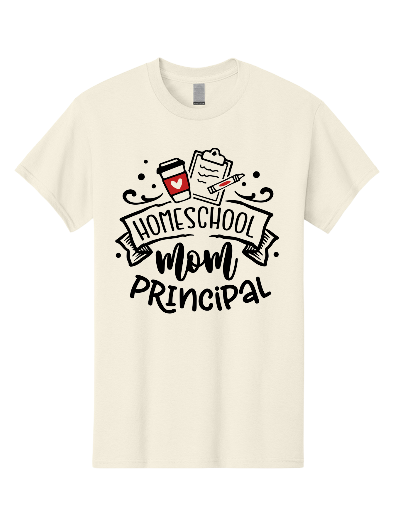 Homeschool-Mom-Principal-1 Men'S Graphic Tee, 100% Cotton, Comfortable Casual Summer Wear, Machine Washable, Homeschool Mom, Principal, Coffee Cup, Red Heart, Clipboard, Pencil, Education, Learning, Parenting, Homeschooling, Teaching, Aab376