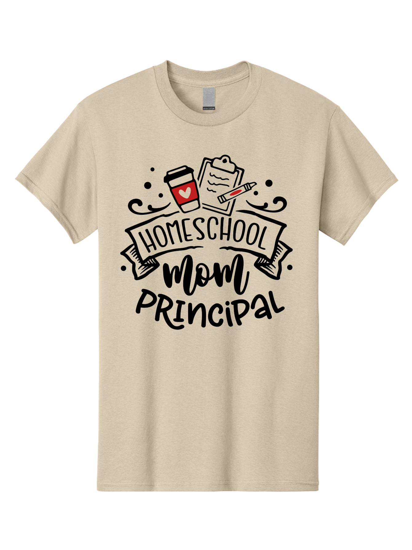 Homeschool-Mom-Principal-1 Men'S Graphic Tee, 100% Cotton, Comfortable Casual Summer Wear, Machine Washable, Homeschool Mom, Principal, Coffee Cup, Red Heart, Clipboard, Pencil, Education, Learning, Parenting, Homeschooling, Teaching, Aab376