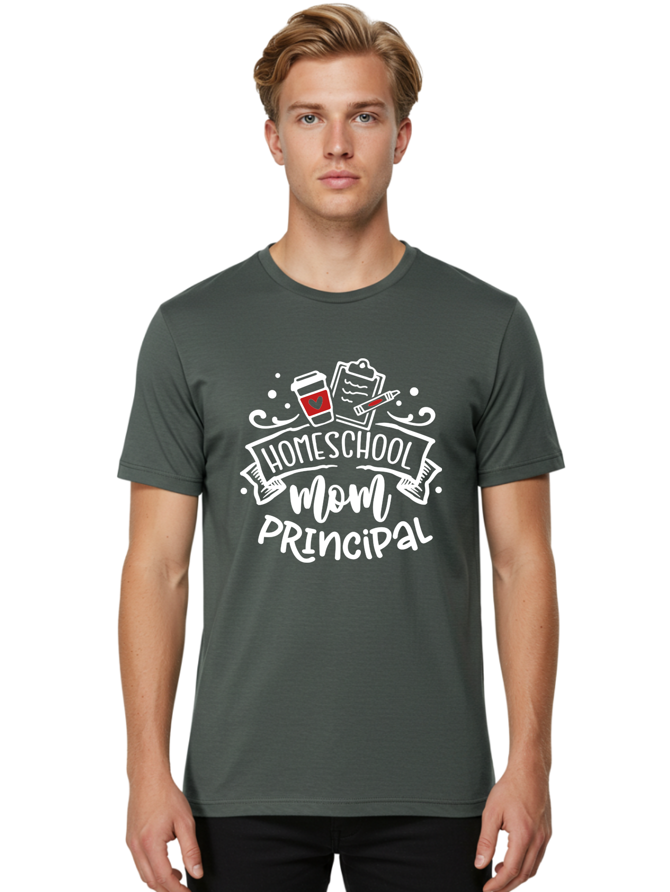 Homeschool-Mom-Principal-3 Men'S Graphic Tee, 100% Cotton, Comfortable Casual Summer Wear, Machine Washable, Homeschool Mom, Principal, Coffee Cup, Clipboard, Marker, Homeschooling, Education, Parenting, Teaching, Learning, Aab378