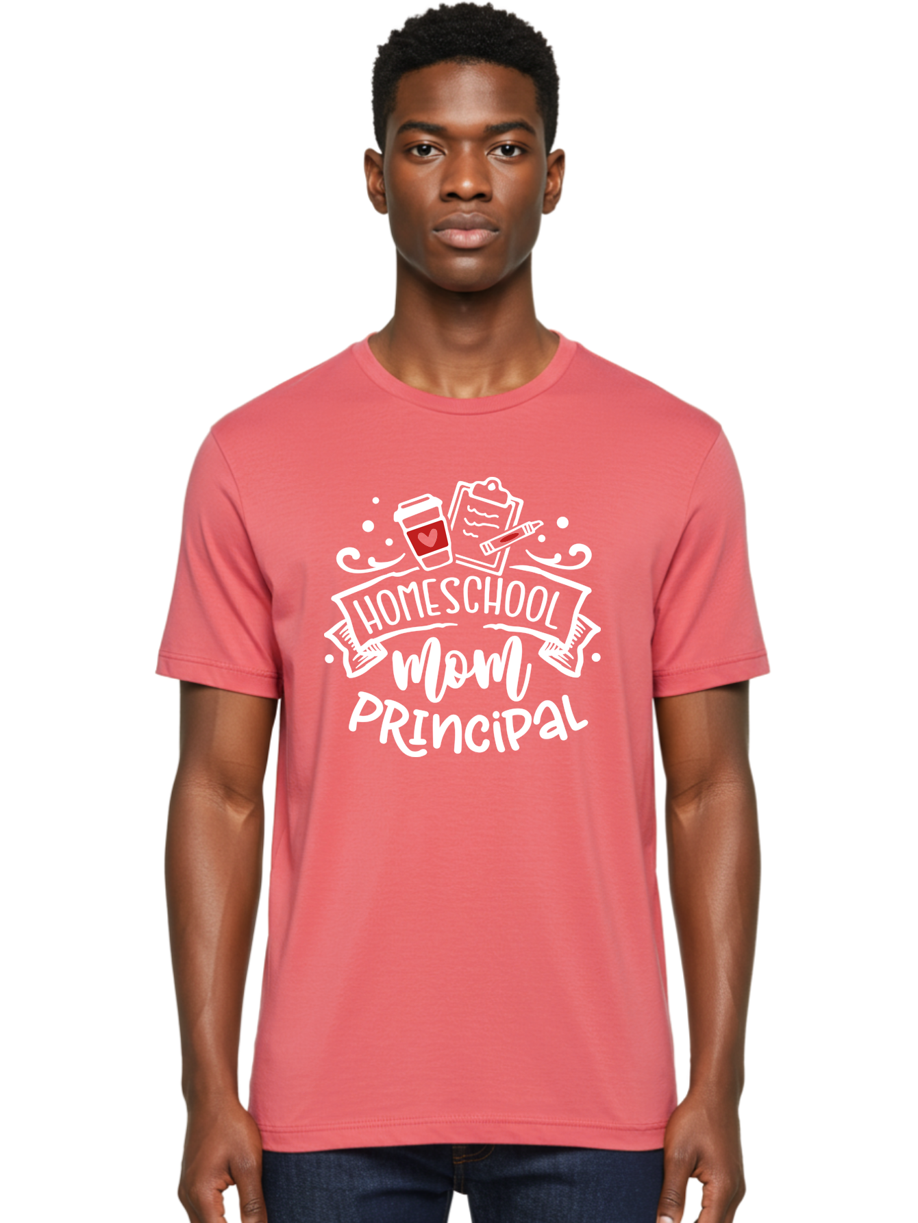 Homeschool-Mom-Principal-3 Men'S Graphic Tee, 100% Cotton, Comfortable Casual Summer Wear, Machine Washable, Homeschool Mom, Principal, Coffee Cup, Clipboard, Marker, Homeschooling, Education, Parenting, Teaching, Learning, Aab378