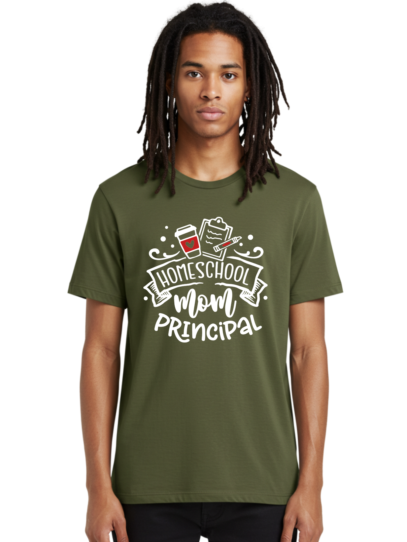 Homeschool-Mom-Principal-3 Men'S Graphic Tee, 100% Cotton, Comfortable Casual Summer Wear, Machine Washable, Homeschool Mom, Principal, Coffee Cup, Clipboard, Marker, Homeschooling, Education, Parenting, Teaching, Learning, Aab378
