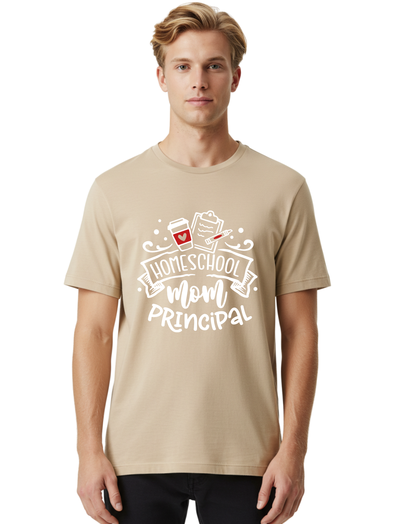 Homeschool-Mom-Principal-3 Men'S Graphic Tee, 100% Cotton, Comfortable Casual Summer Wear, Machine Washable, Homeschool Mom, Principal, Coffee Cup, Clipboard, Marker, Homeschooling, Education, Parenting, Teaching, Learning, Aab378
