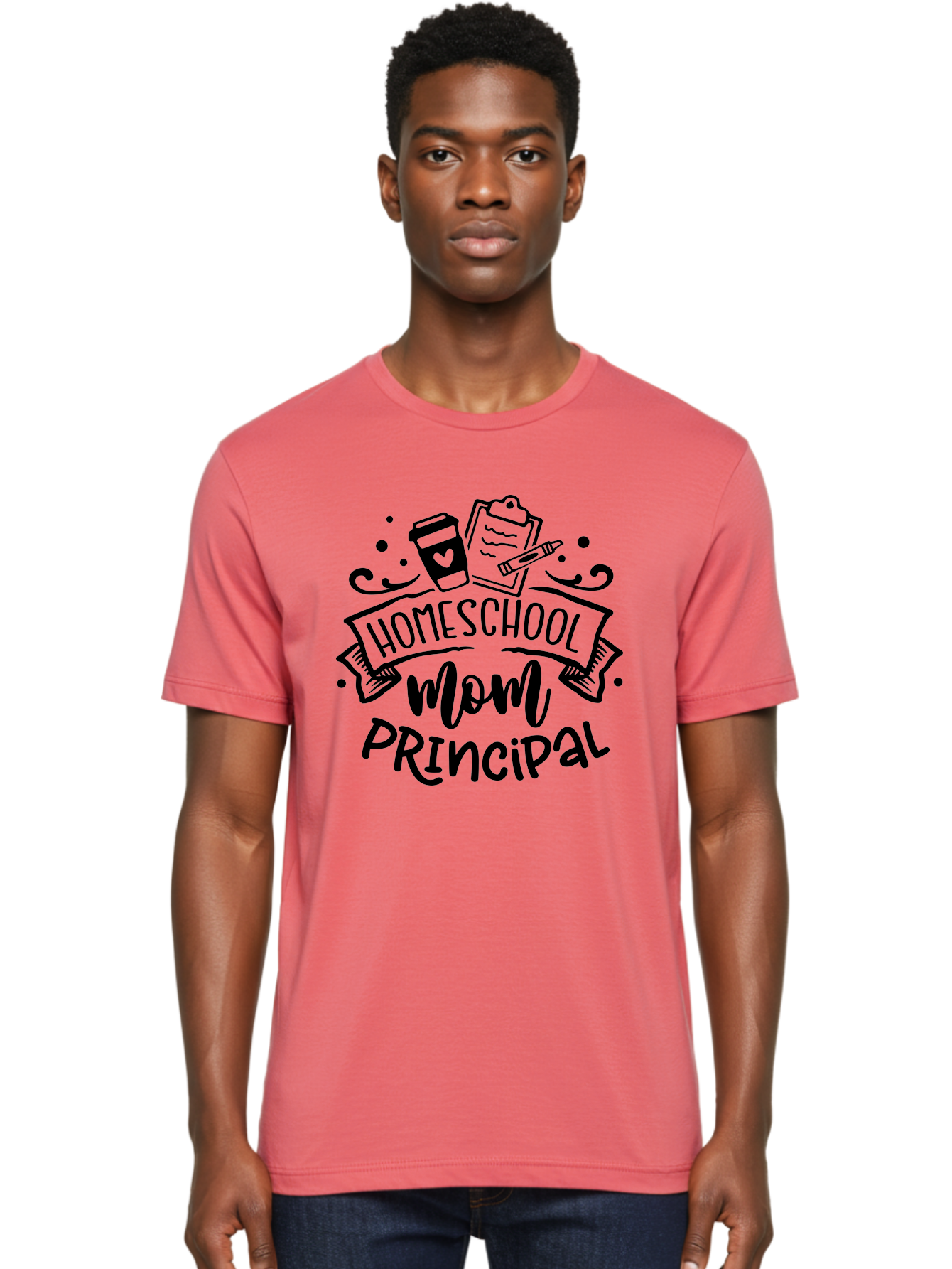 Homeschool-Mom-Principal Men'S Graphic Tee, 100% Cotton, Comfortable Casual Summer Wear, Machine Washable, Homeschool Mom, Principal, Education, Learning, Teaching, Coffee Cup, Clipboard, Pencil, Doodle Art, Playful Design, Homeschooling, Aab379