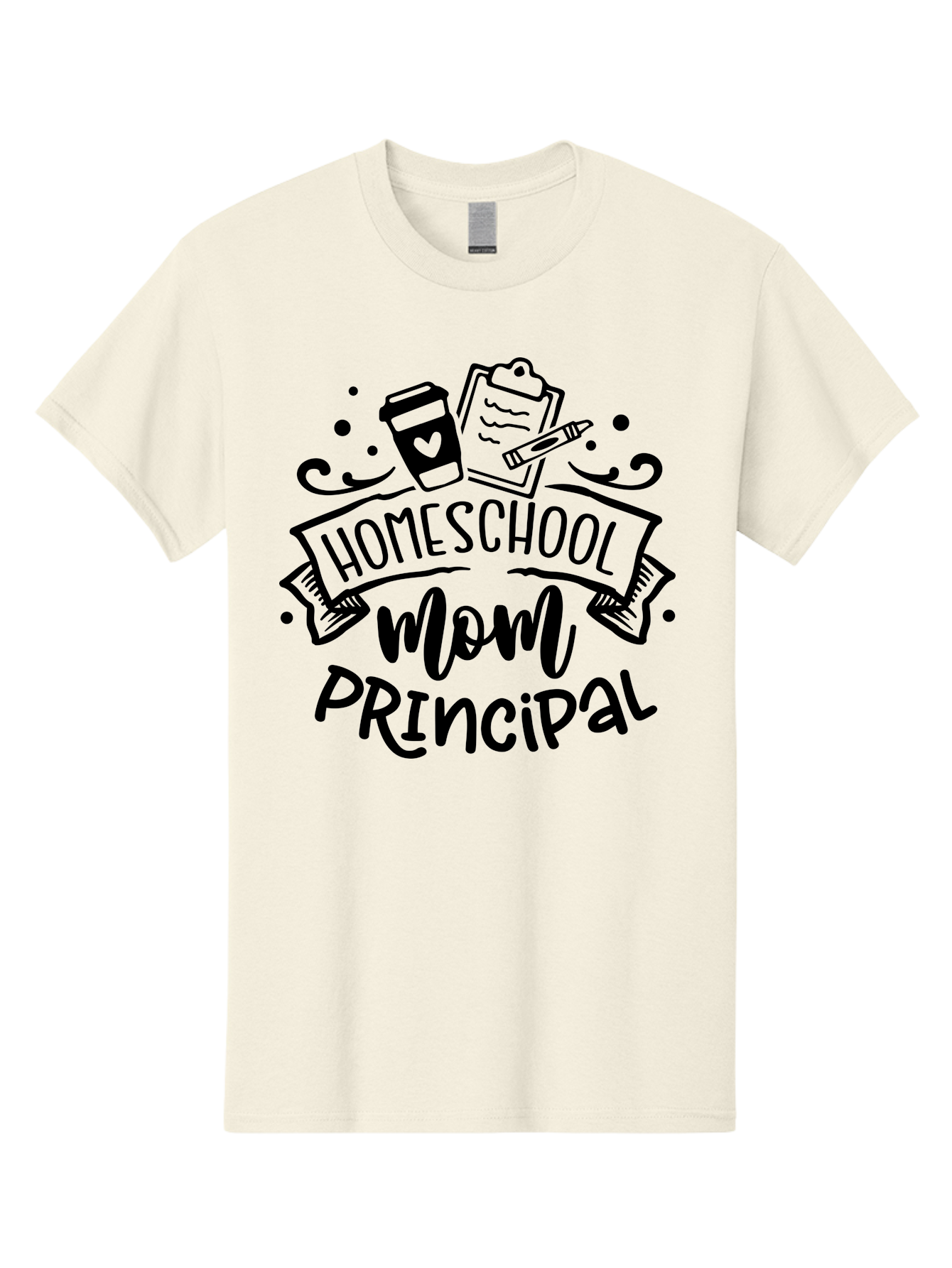 Homeschool-Mom-Principal Men'S Graphic Tee, 100% Cotton, Comfortable Casual Summer Wear, Machine Washable, Homeschool Mom, Principal, Education, Learning, Teaching, Coffee Cup, Clipboard, Pencil, Doodle Art, Playful Design, Homeschooling, Aab379