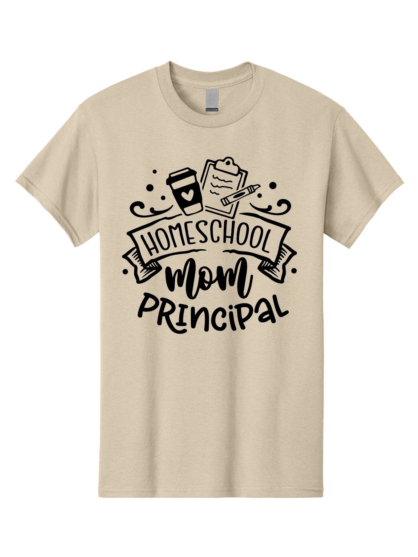 Homeschool-Mom-Principal Men'S Graphic Tee, 100% Cotton, Comfortable Casual Summer Wear, Machine Washable, Homeschool Mom, Principal, Education, Learning, Teaching, Coffee Cup, Clipboard, Pencil, Doodle Art, Playful Design, Homeschooling, Aab379