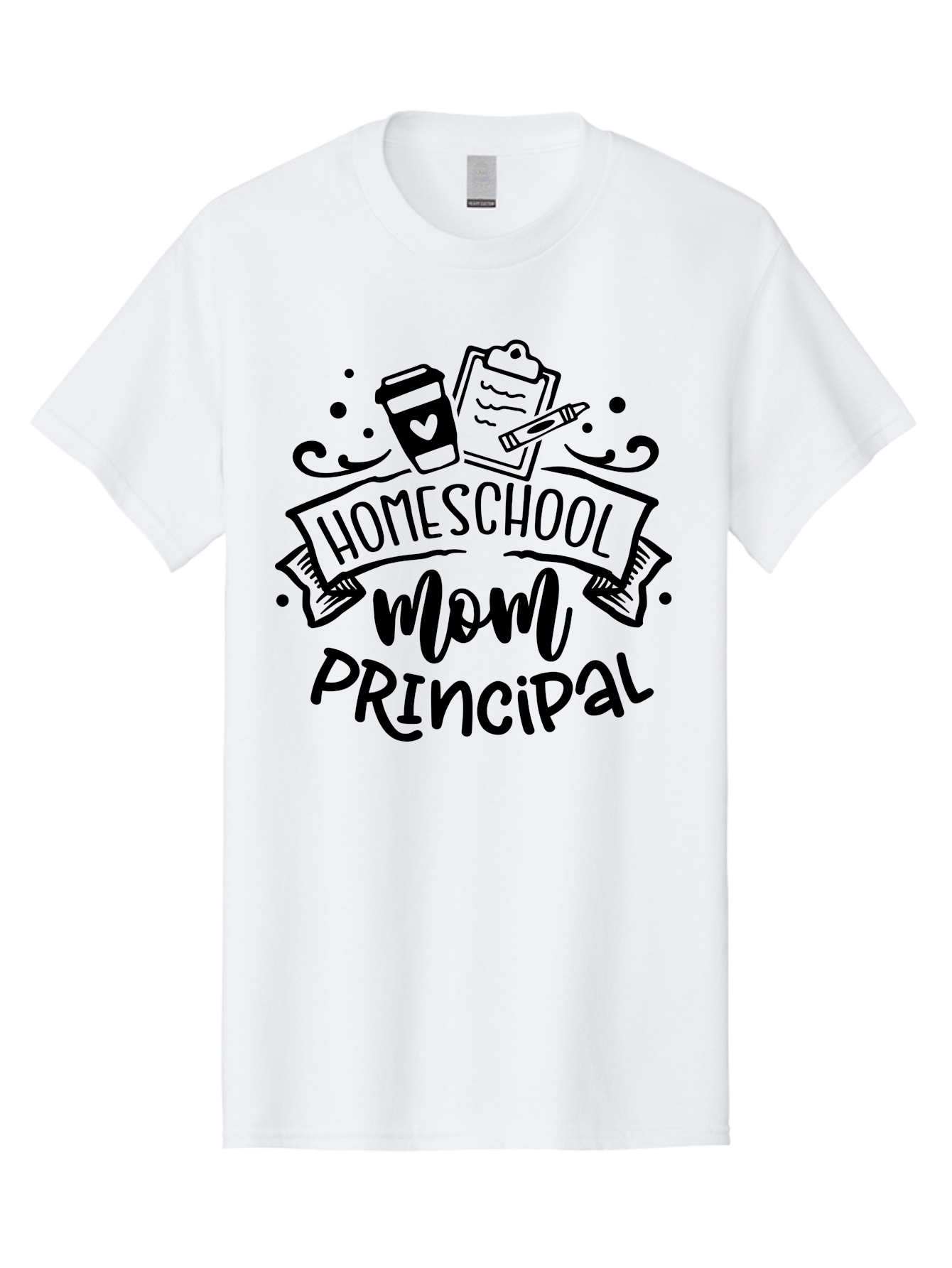 Homeschool-Mom-Principal Men'S Graphic Tee, 100% Cotton, Comfortable Casual Summer Wear, Machine Washable, Homeschool Mom, Principal, Education, Learning, Teaching, Coffee Cup, Clipboard, Pencil, Doodle Art, Playful Design, Homeschooling, Aab379