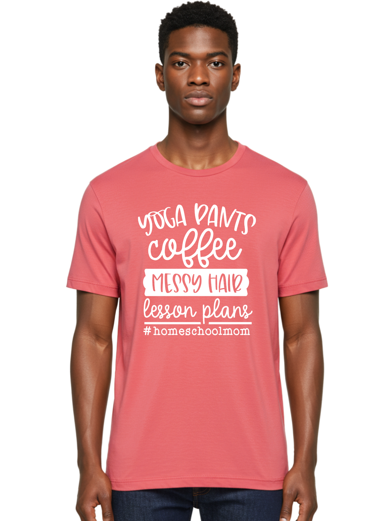 Homeschool-Mom Men'S Graphic Tee, 100% Cotton, Comfortable Casual Summer Wear, Machine Washable, Homeschool Mom, Yoga Pants, Coffee Fuel, Messy Hair, Lesson Plans, Homeschooling Lifestyle, Mom Life, Homeschool Routine, Coffee Lover Aab384