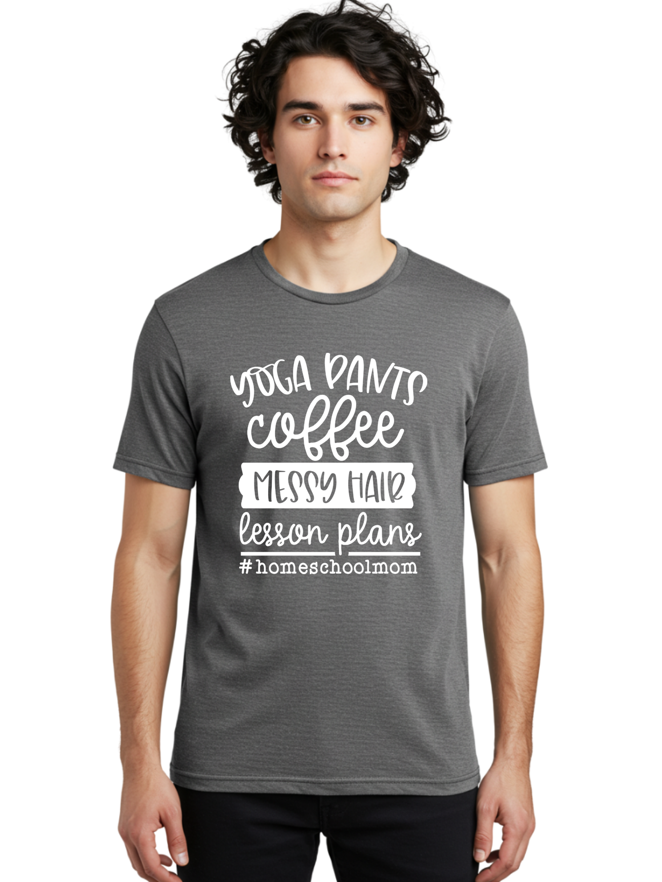 Homeschool-Mom Men'S Graphic Tee, 100% Cotton, Comfortable Casual Summer Wear, Machine Washable, Homeschool Mom, Yoga Pants, Coffee Fuel, Messy Hair, Lesson Plans, Homeschooling Lifestyle, Mom Life, Homeschool Routine, Coffee Lover Aab384