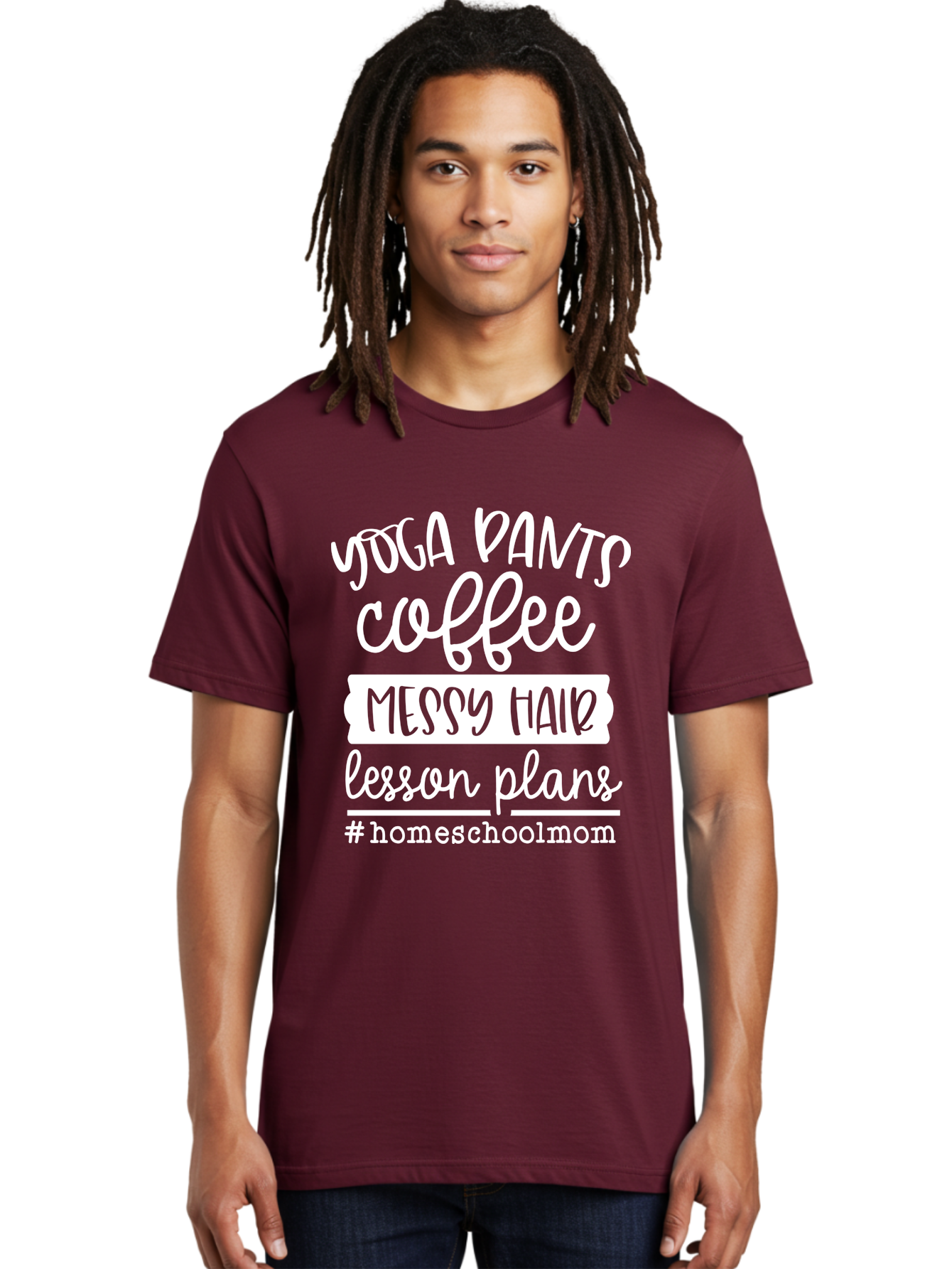 Homeschool-Mom Men'S Graphic Tee, 100% Cotton, Comfortable Casual Summer Wear, Machine Washable, Homeschool Mom, Yoga Pants, Coffee Fuel, Messy Hair, Lesson Plans, Homeschooling Lifestyle, Mom Life, Homeschool Routine, Coffee Lover Aab384